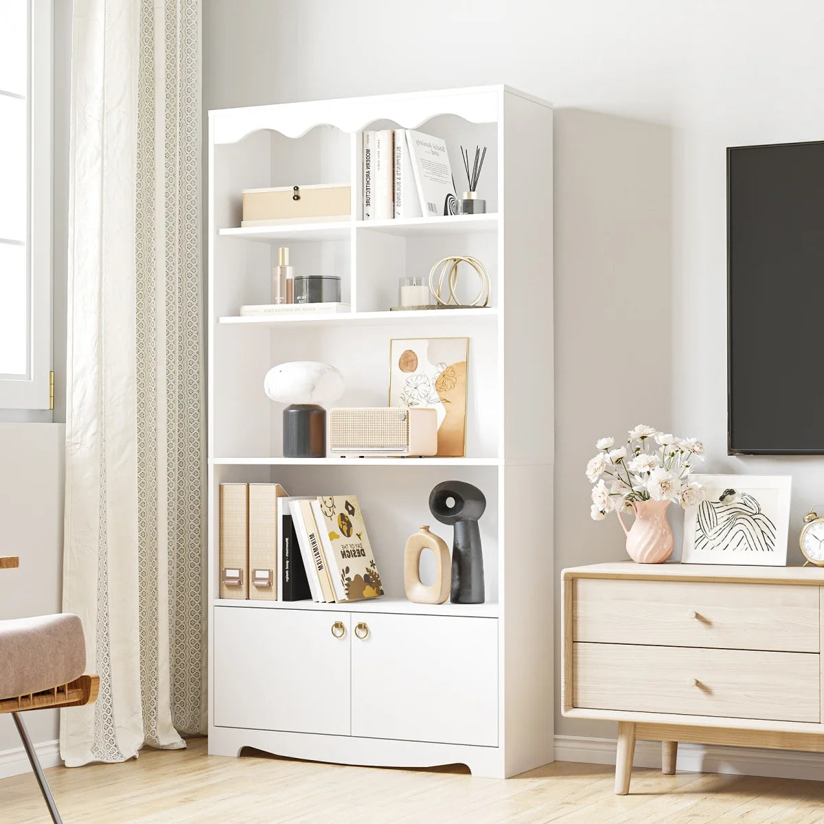 5-Tier Open Bookcase Tall Modern Bookshelf  Wood Display Floor Bookshelf Storage Organizer Shelf for Bedroom Living Room Office