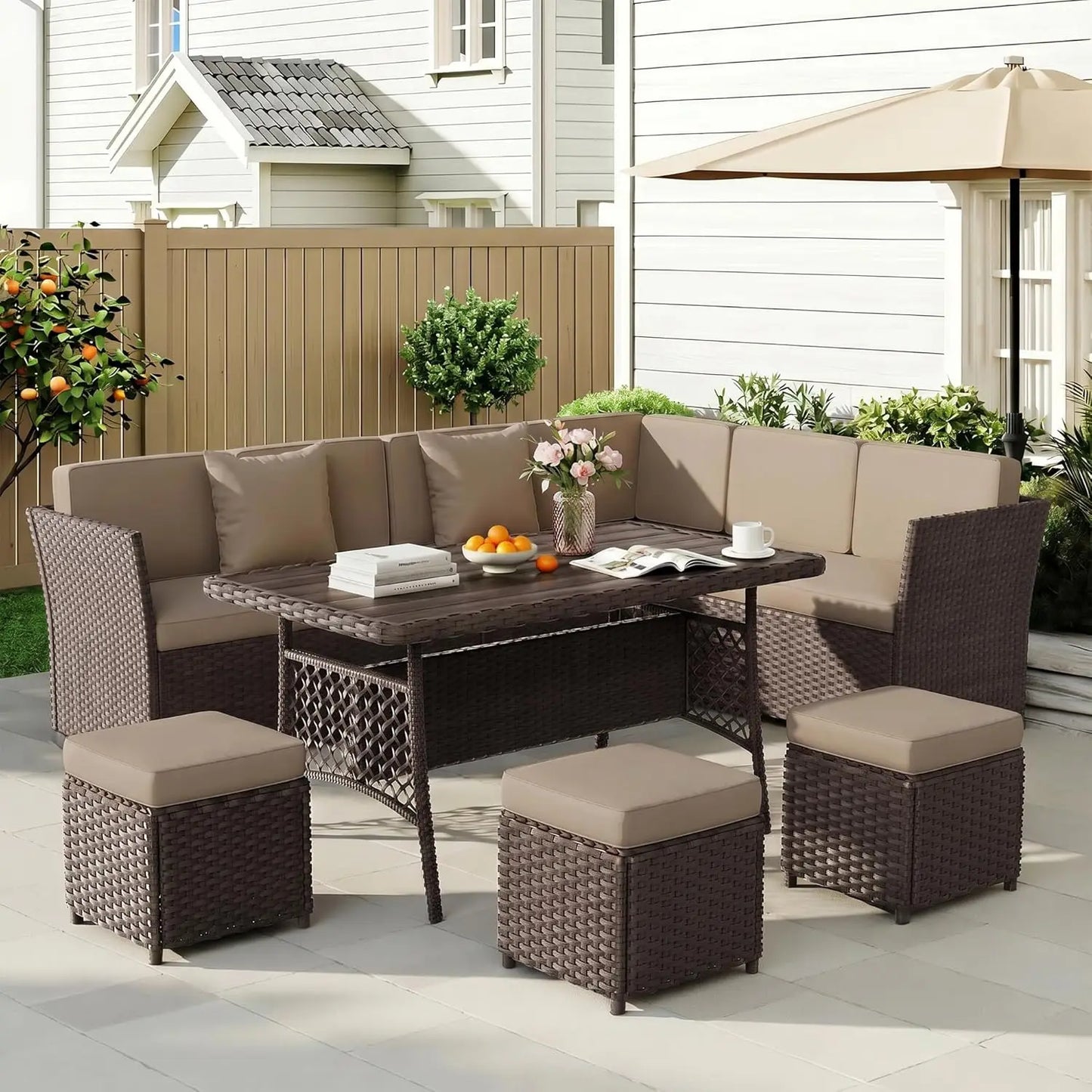 7 Pieces Patio Furniture Set, Outdoor Patio Furniture, Wicker Conversation Set with Dining Table, Chairs and Ottoman, Custom