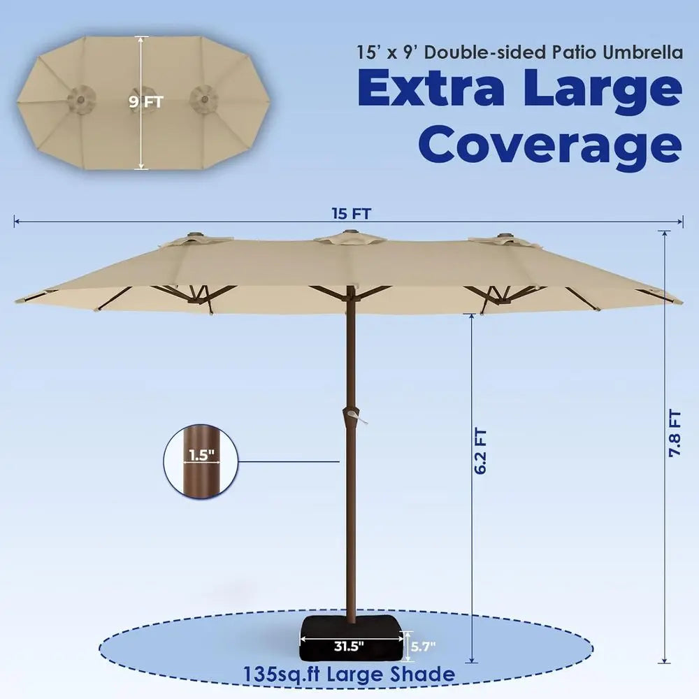 15-T-Large-Patio-Umbrella-with-Base | Double-Sided | Outdoor Table Umbrellas | w/Crank Handle | 12 Sturdy iberglass Rib | UV-Pro