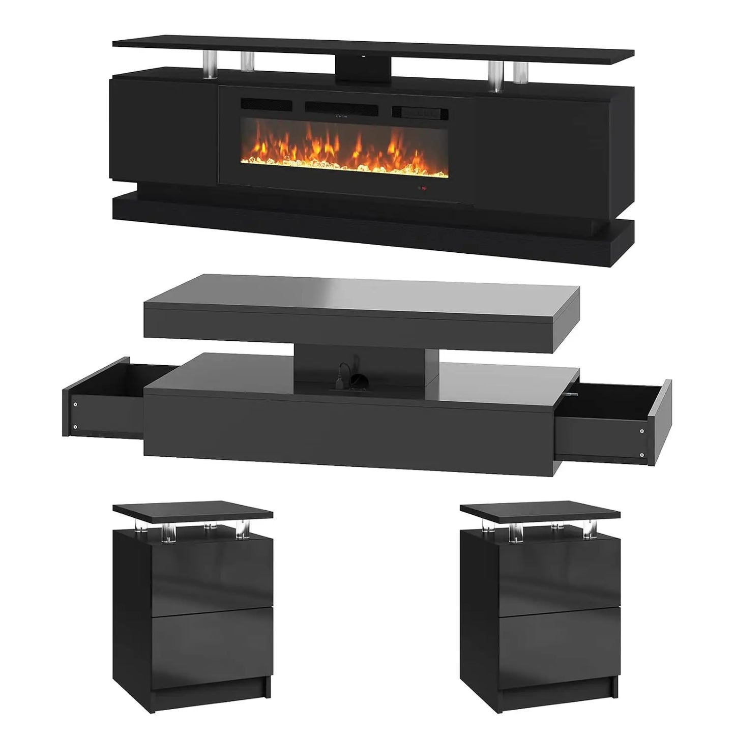 4-Piece Modern Living Room Table Set, Includes High Gloss 70" Fireplace TV Stand, 47" LED Coffee Table and 15" End, Custom
