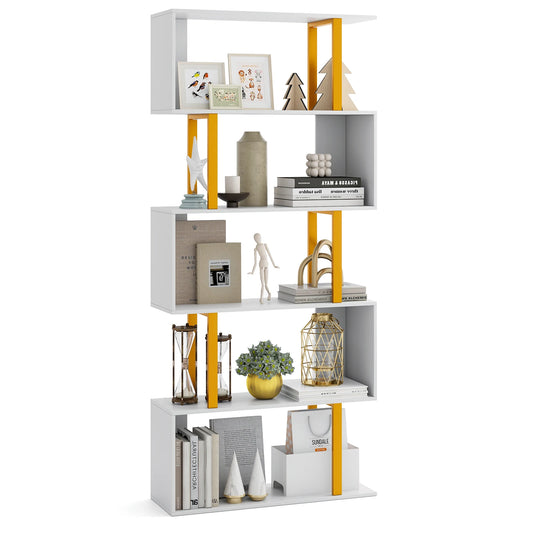 6-Tier Geometric Bookcase 74. 5-Inch S-Shaped Bookshelf with Metal Frame Gold