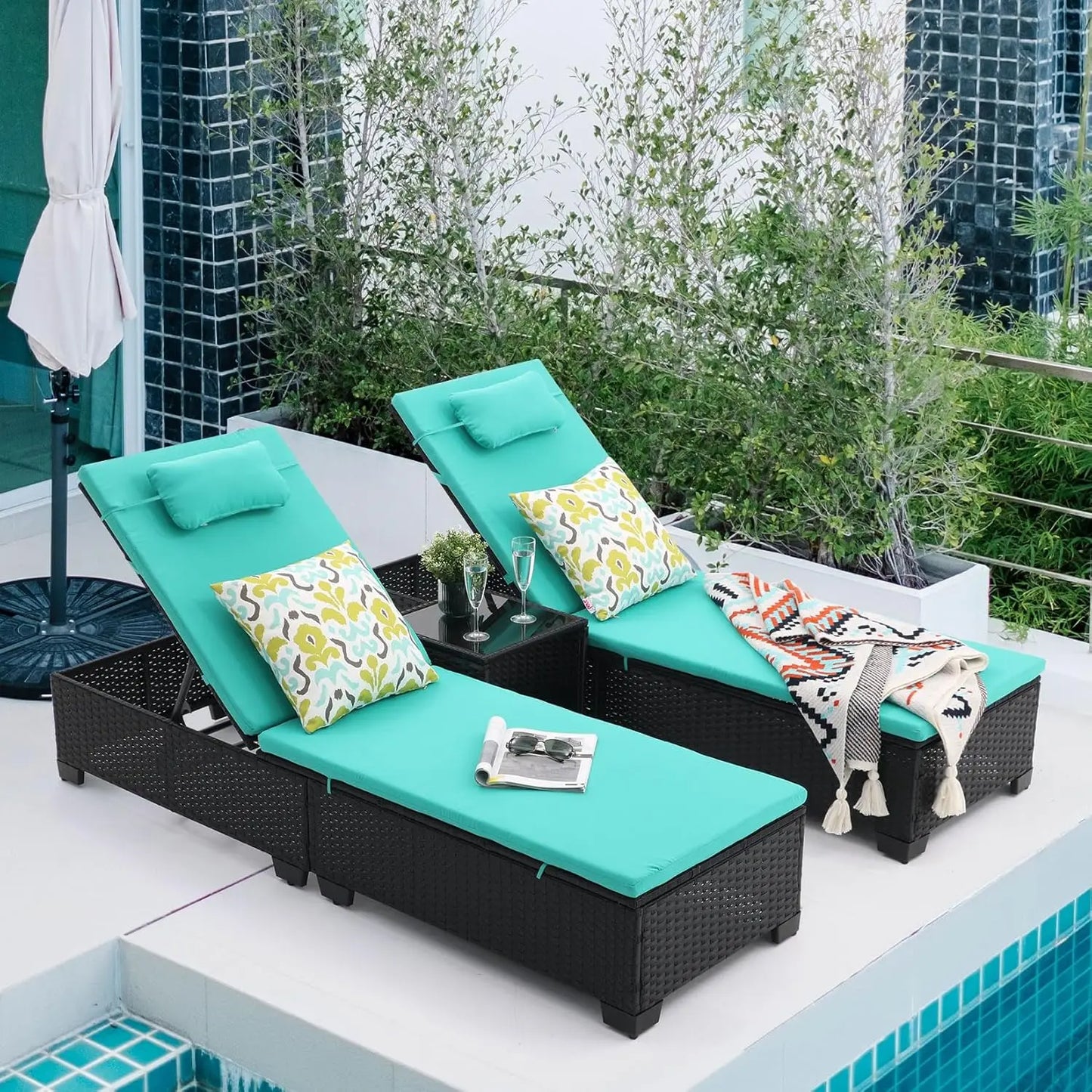 PE Wicker Adjustable Chaise Lounge Set of 3 with Table for Patio Pool Outdoor, Custom