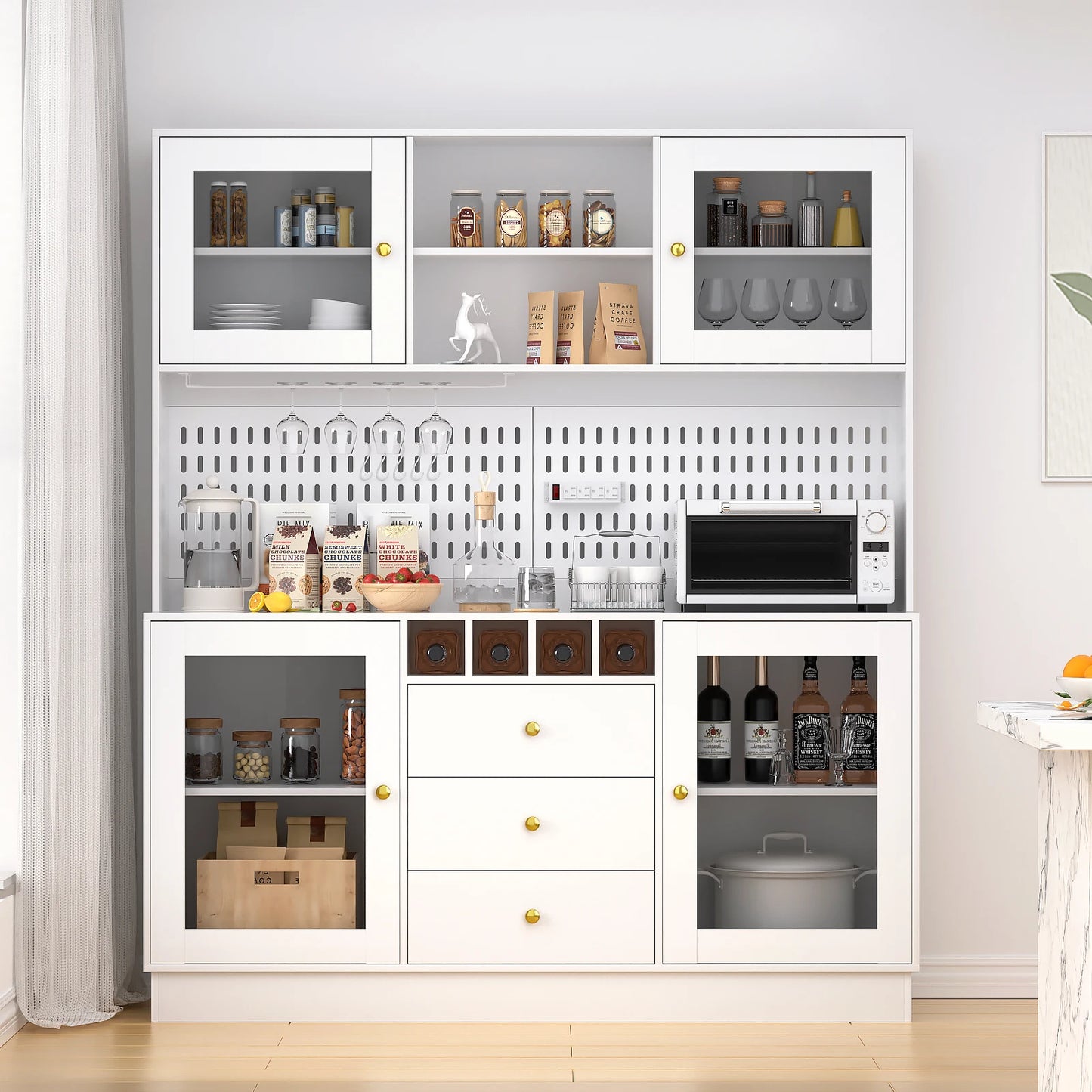 VOWNER Pantry Cabinet Freestanding Kitchen Storage Buffet Hutch With Pegboard