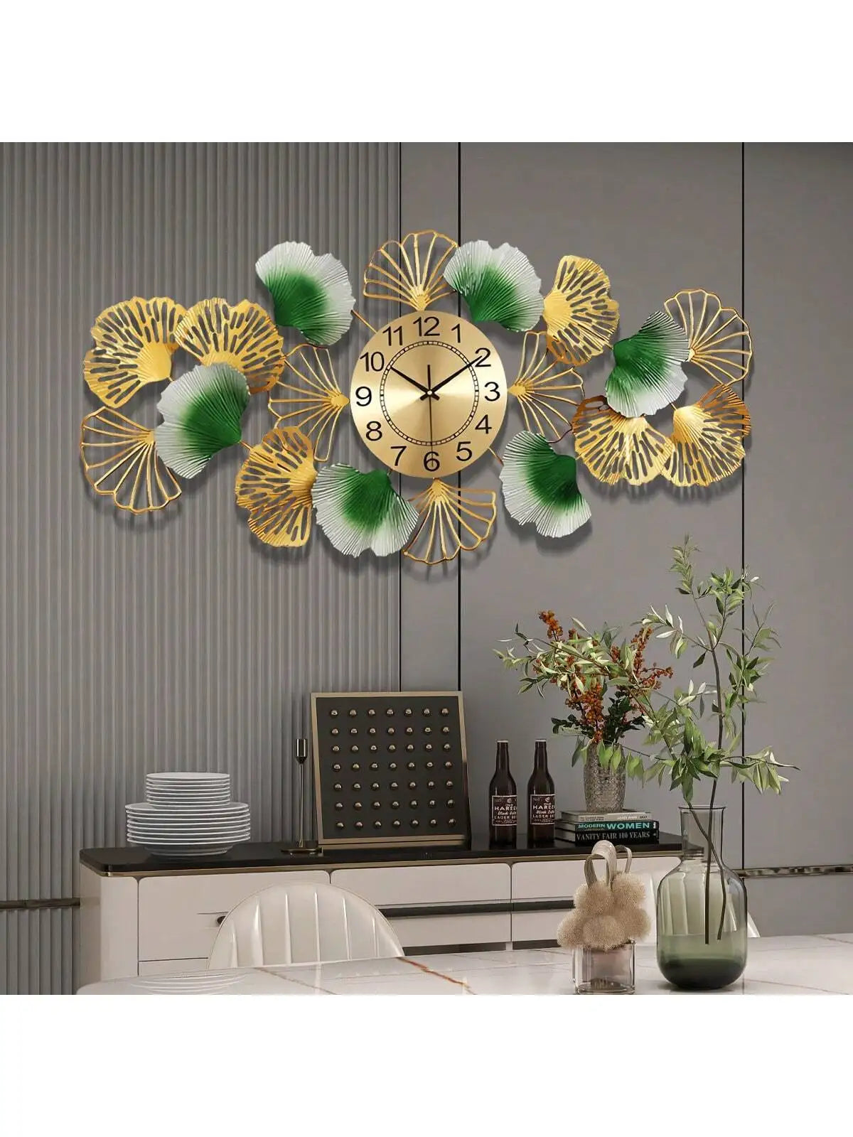 Large Wall Clock For Living Room With Silent Movement,3D Creative Metal Ginkgo Leaf Design Clock For Bedroom Dining Room Office