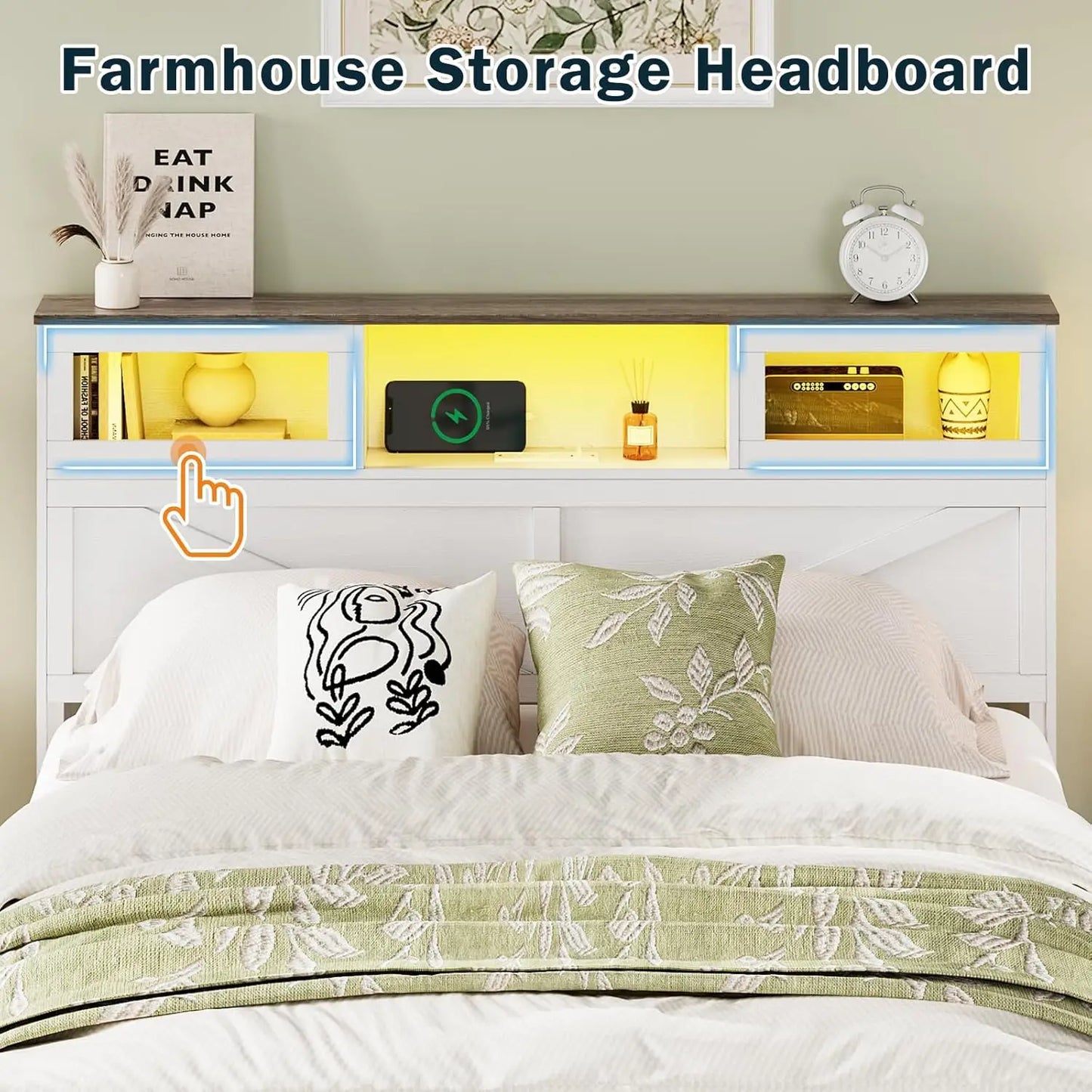 Full Size Bed Frame with Headboard, Full Bed Frame with Charging Station, LED Beds with 2 Storage Drawers, Wood Farmhouse Bedfra