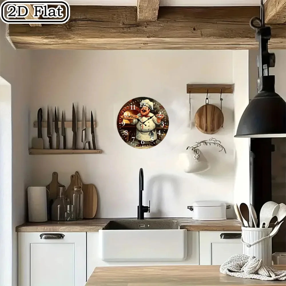 10-Inch Wooden Wall Clock with a Chef Theme, Featuring Easy-To-Read Numbers. It Runs on Batteries (AA Batteries Not Included) An