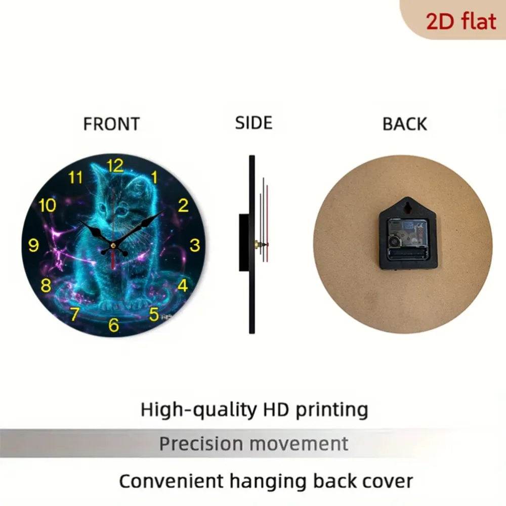10 Inch Neon Glow-in-the-Dark Cat Wall Clock with Glowing Kitten Face & Neon Numbers - Quiet Sweep Movement, AA Wooden Round Clo