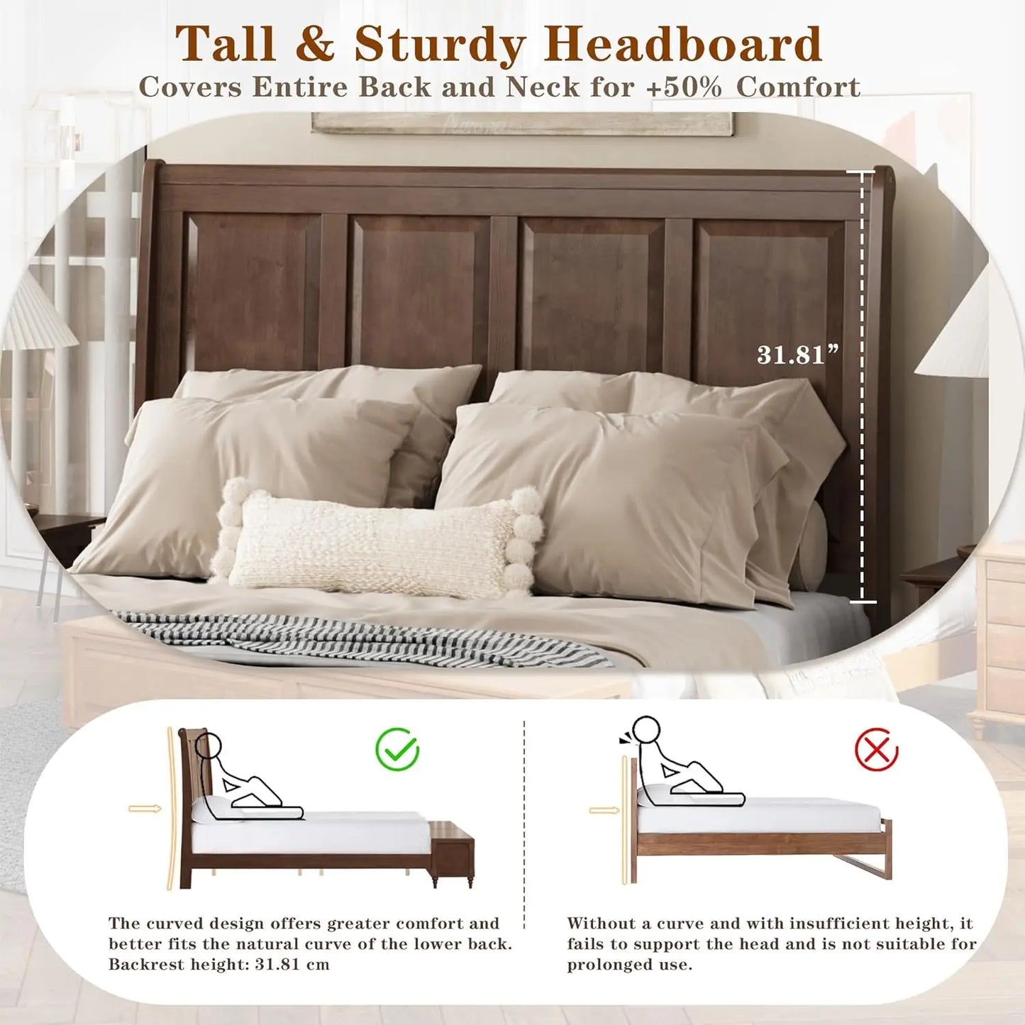 King Size Bed Frame with Headboard and Storage Bench, Solid Wood Sleigh Bed Frame No Box Spring Needed, Wood Bed Frame, Custom