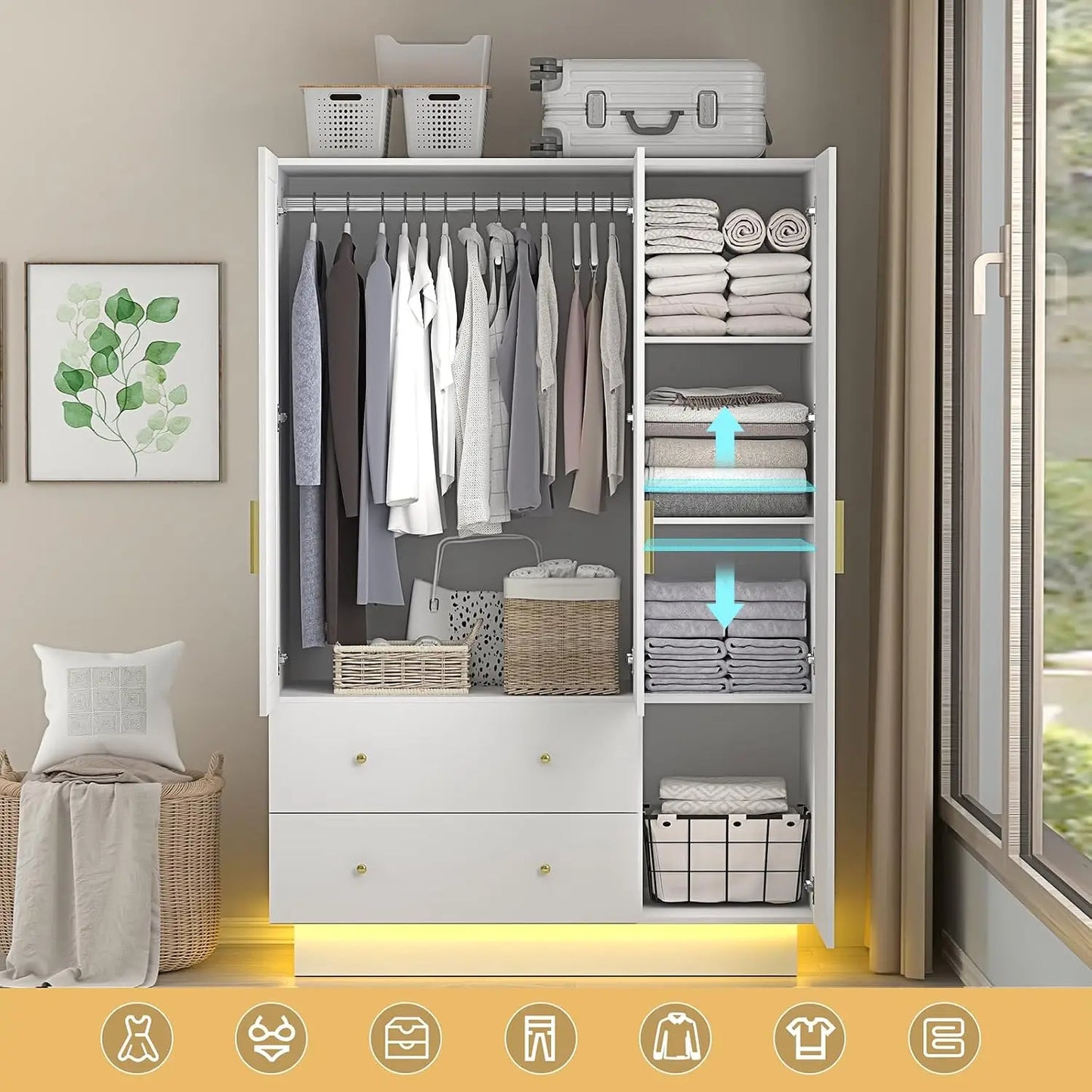 3 Doors Armoire Wardrobe Closet with Mirror, LED Armoire with Doors and Drawers, Wooden Wardrobe Storage Cabinet with, Custom