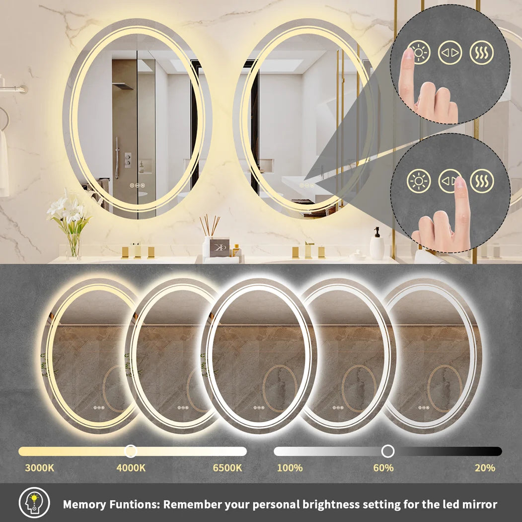 Oval Bathroom Mirror LED Makeup Mirror Anti-Fog Dimmable Light Memory Wall Vanity Shaving Mirror Backlit+Front Lighted