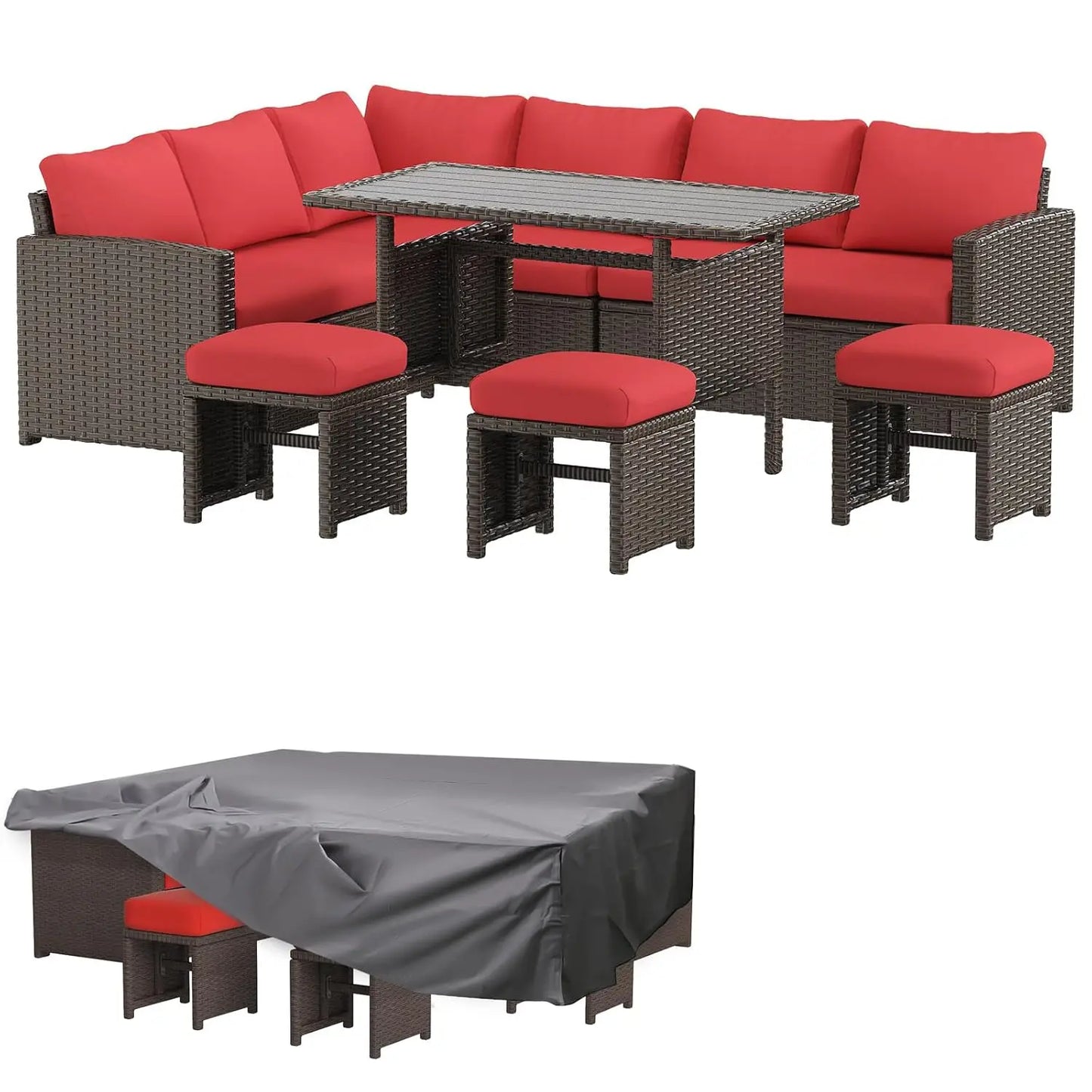 Outdoor Patio Furniture Set with Waterproof Cover, 7 Pieces Clearance Sectional Rattan Dining Table&Chairs, All Weather, Custom