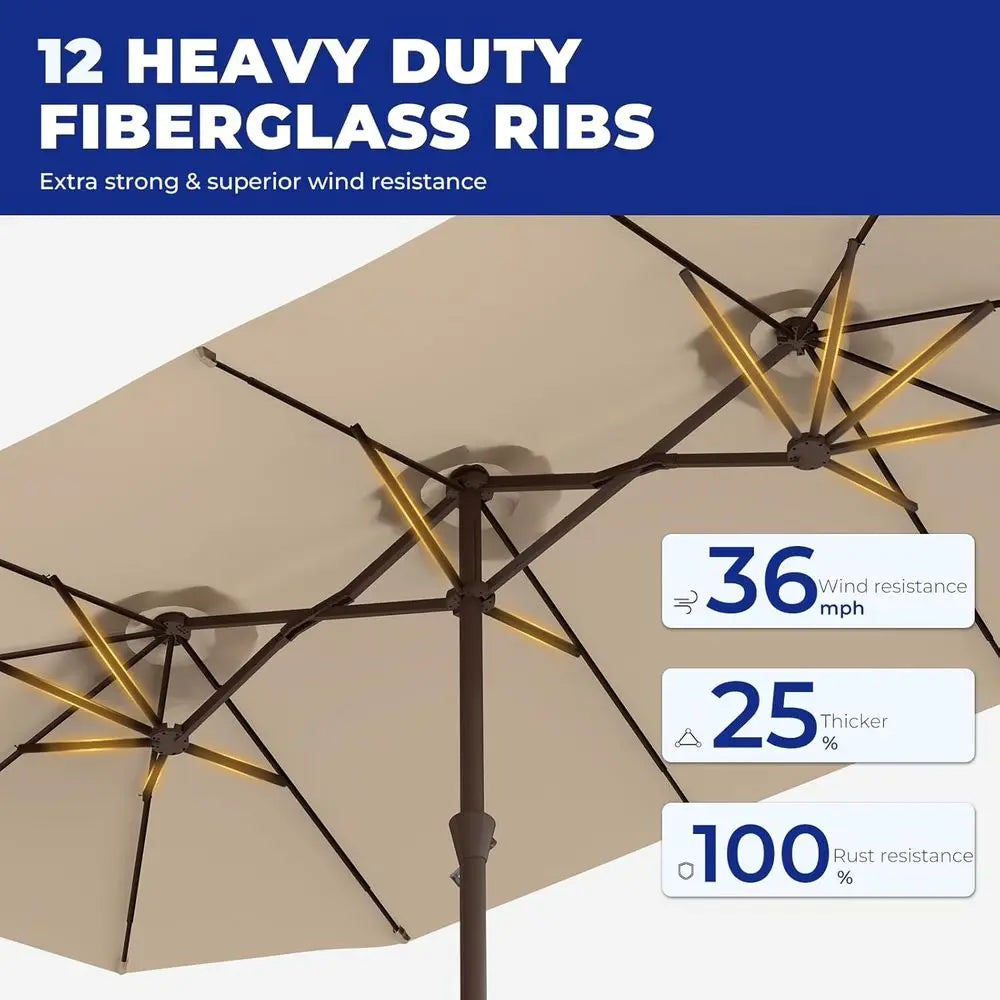 15-T-Large-Patio-Umbrella-with-Base | Double-Sided | Outdoor Table Umbrellas | w/Crank Handle | 12 Sturdy iberglass Rib | UV-Pro