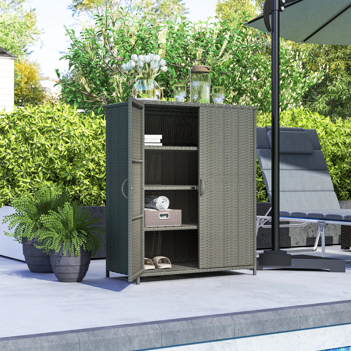 Outsunny Wicker Outdoor Storage Cabinet with Shelves, 2 Doors, Dark Gray