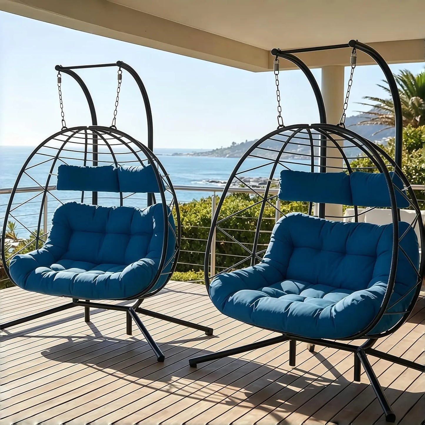 Set of 2 Wicker Hanging Egg Chairs with Stand, 700 lb Capacity, Indoor/Outdoor Double Egg Swing Hammock Chairs for, Custom