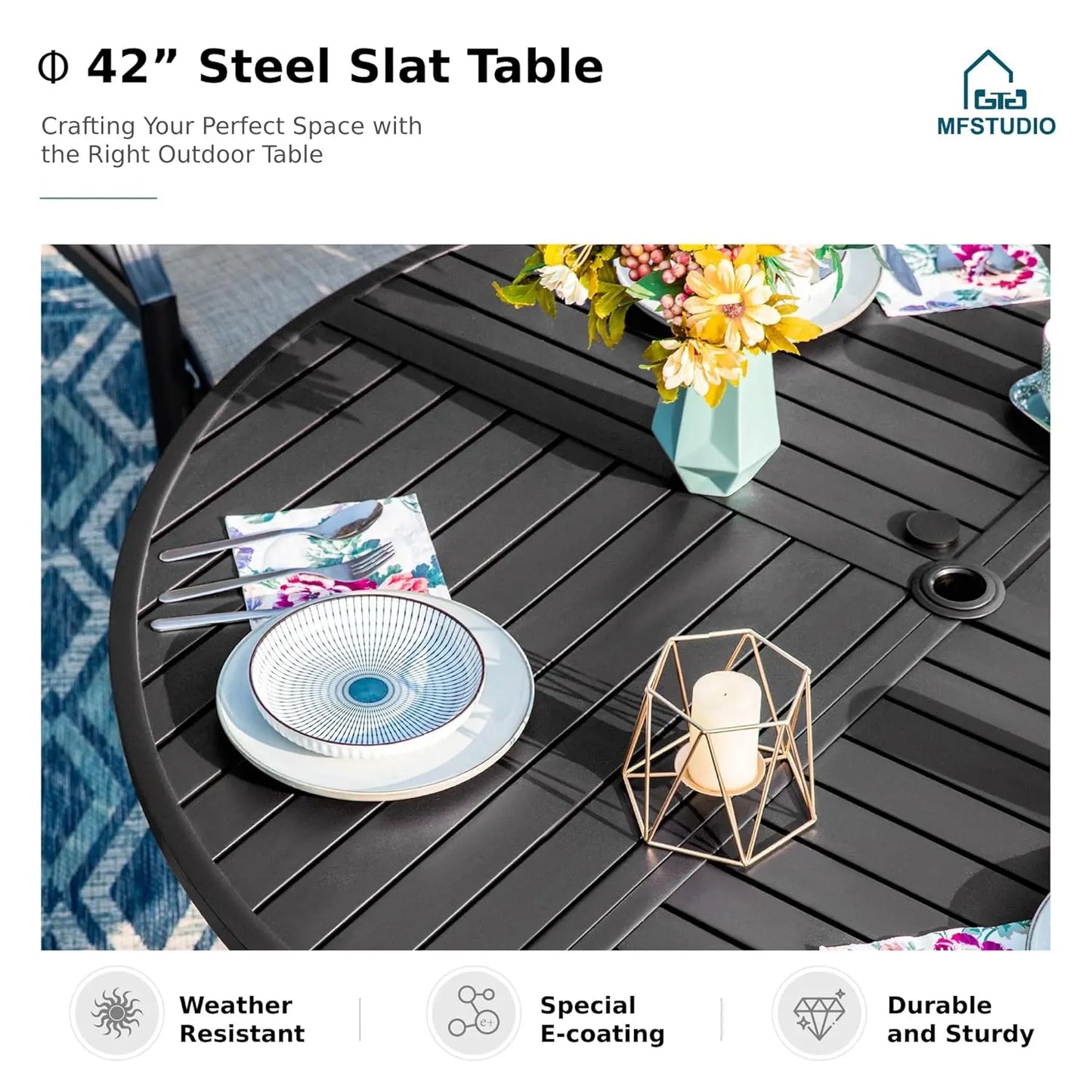 Round Outdoor Dining Set Wrought Iron 5 Piece Table & Chairs with Umbrella Hole for Deck Backyard Poolside Garden, Custom