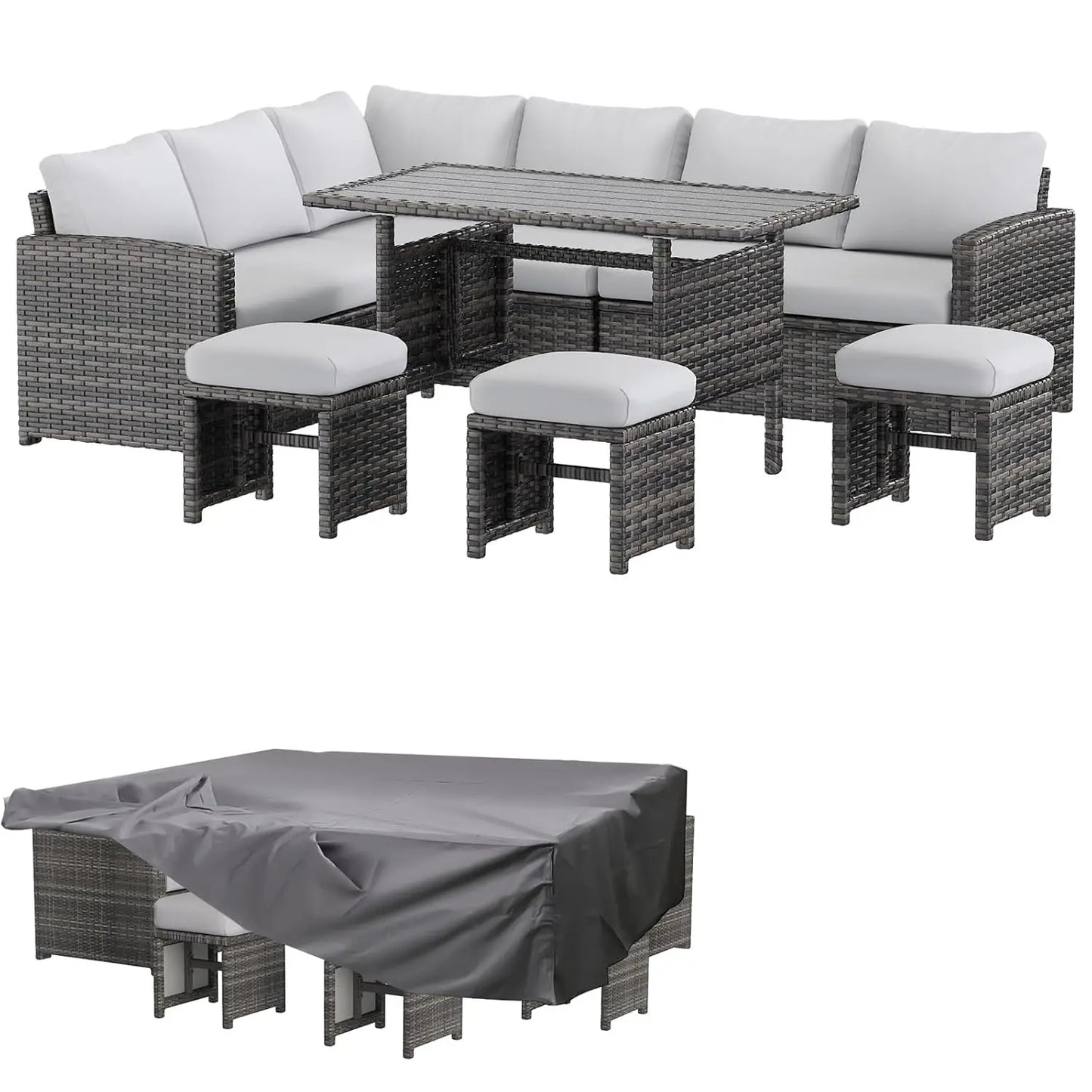 Outdoor Patio Furniture Set with Waterproof Cover, 7 Pieces Clearance Sectional Rattan Dining Table&Chairs, All Weather, Custom