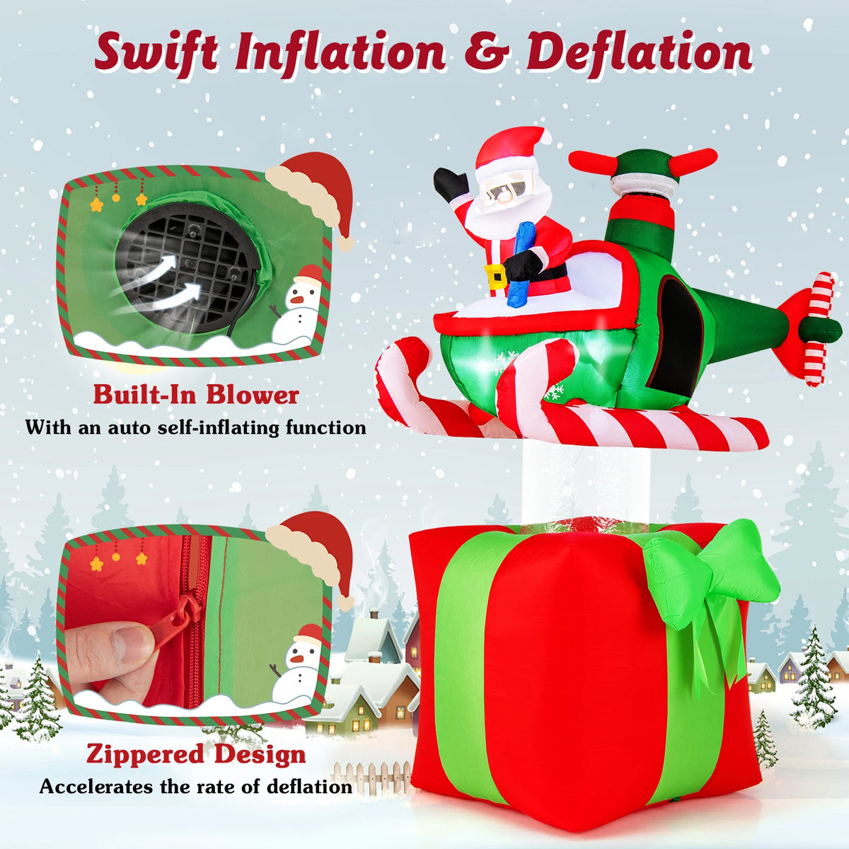 LIFEZEAL Christmas Santa Claus Helicopter Inflatable With LED Lights