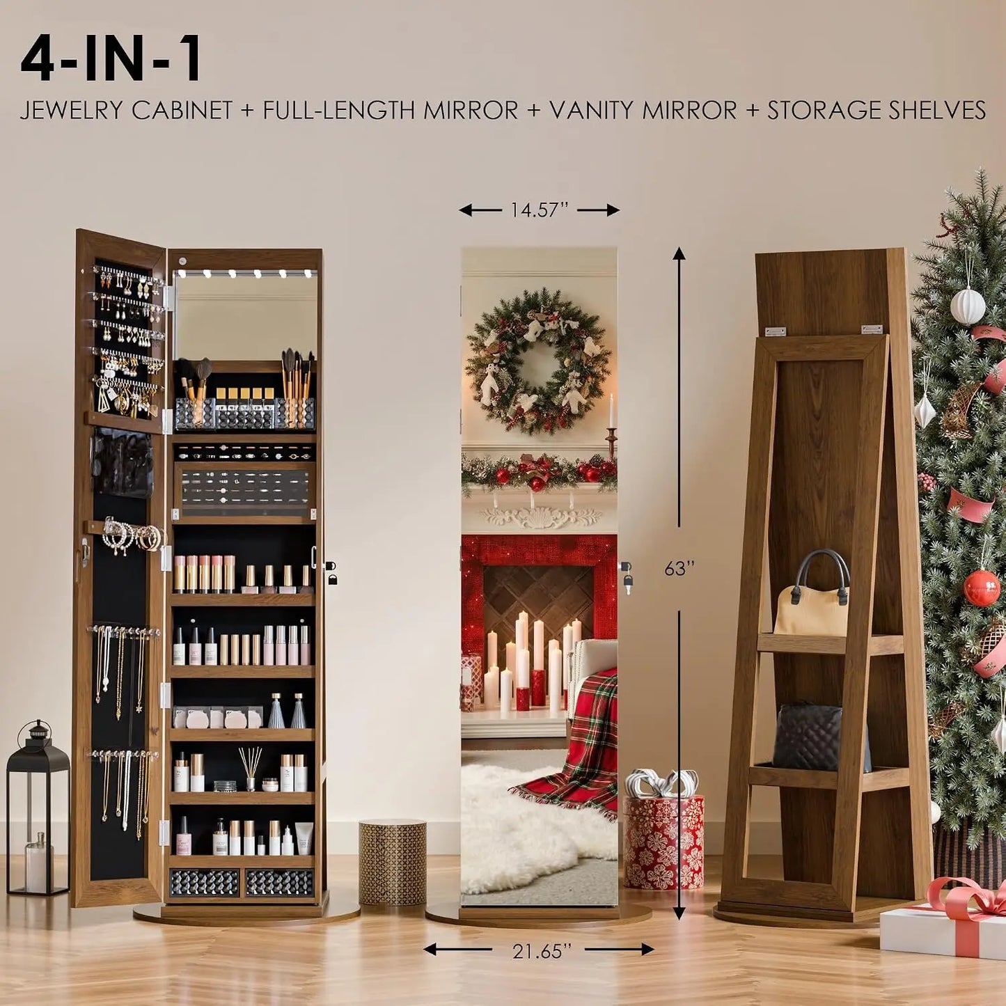 360° Swivel Jewelry Mirror Cabinet, Lockable Standing Jewelry Armoire with Full Length Mirror, Storage Shelves,, Custom