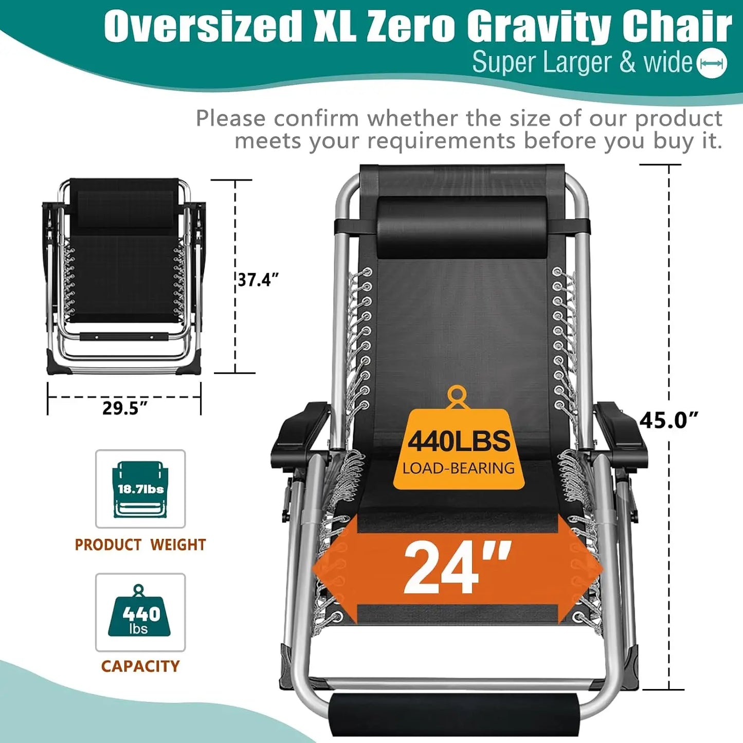 Oversized Zero Gravity Chair, 29In XL Lawn Folding Lounge Chairs, Lawn Recliner, Reclining Patio Lounger Chair, Folding, Custom