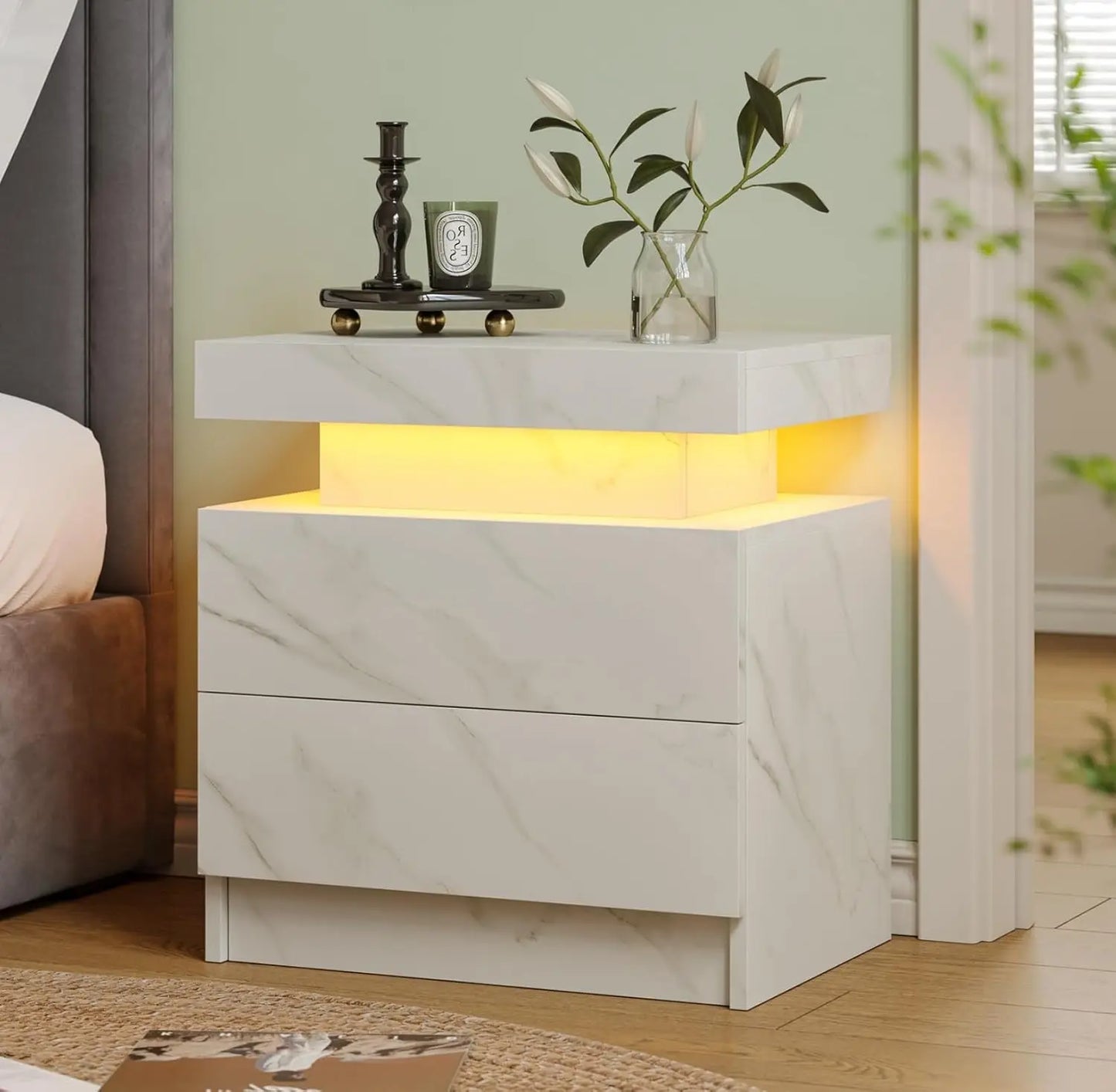 White LED Nightstand With Two Wood Drawers Bedside Table