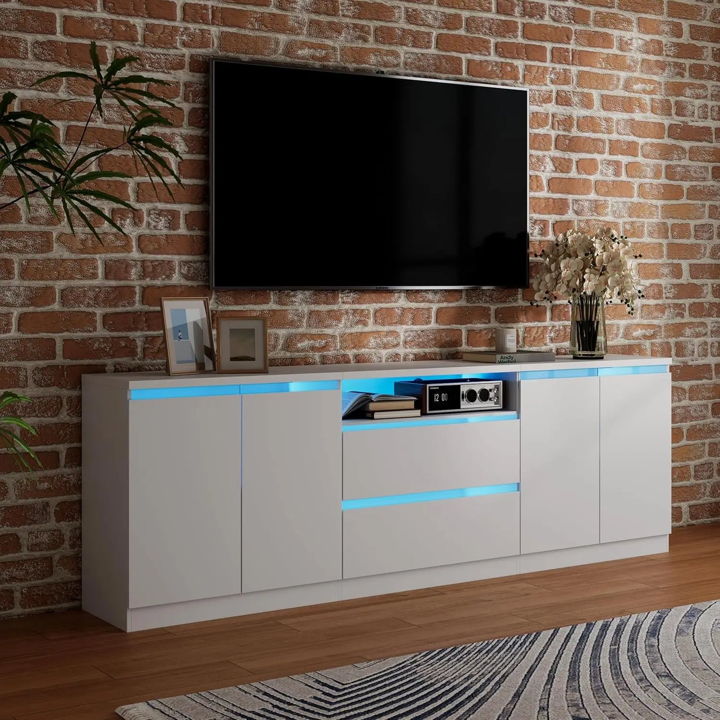 Farmhouse TV Stand for TVs up to 100", Modern Entertainment Center with 2 Cabinets and 3-Tier Open Shelves, Rustic, Customized