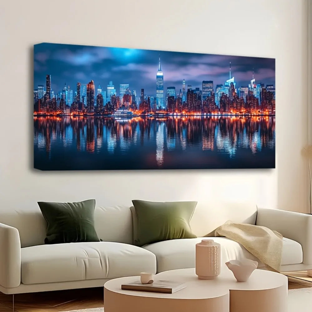 1.5 inch thick pine solid wood frame, New York night scene painting, reflections of tall buildings, interior decoration