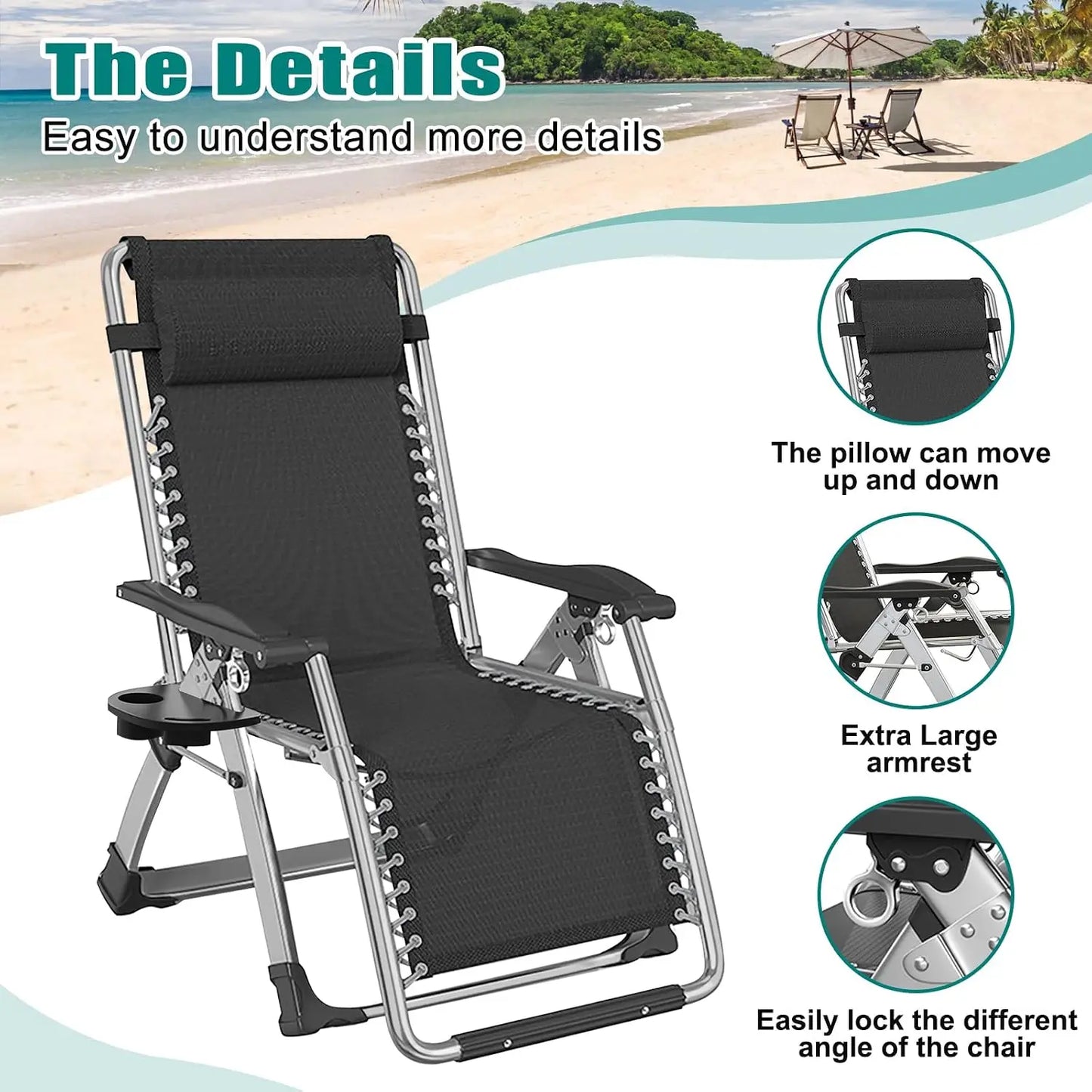 Oversized Zero Gravity Chair, 29In XL Lawn Folding Lounge Chairs, Lawn Recliner, Reclining Patio Lounger Chair, Folding, Custom