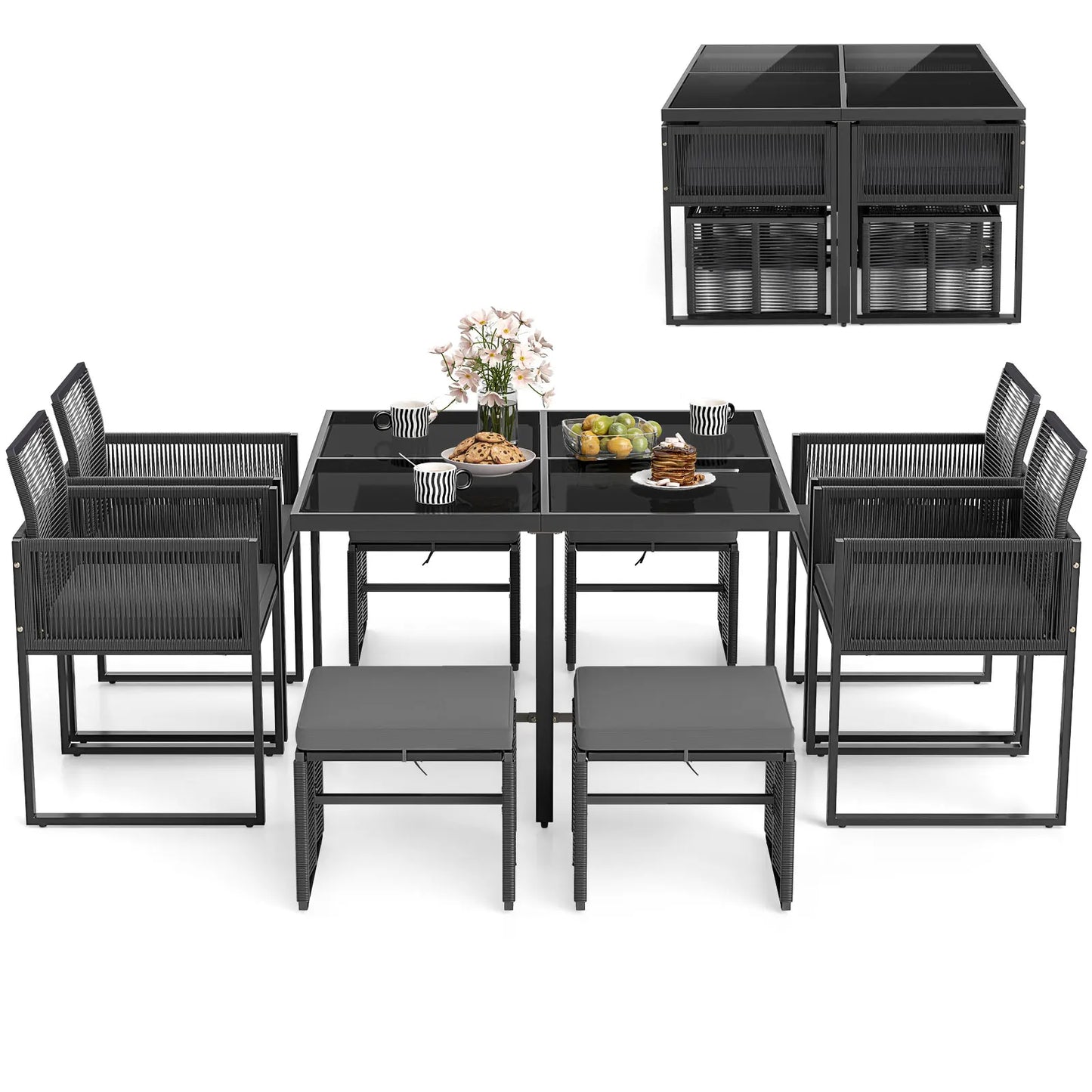 9 PCS Patio Dining Set with PE Rattan Chairs Tempered Glass Table and Ottomans