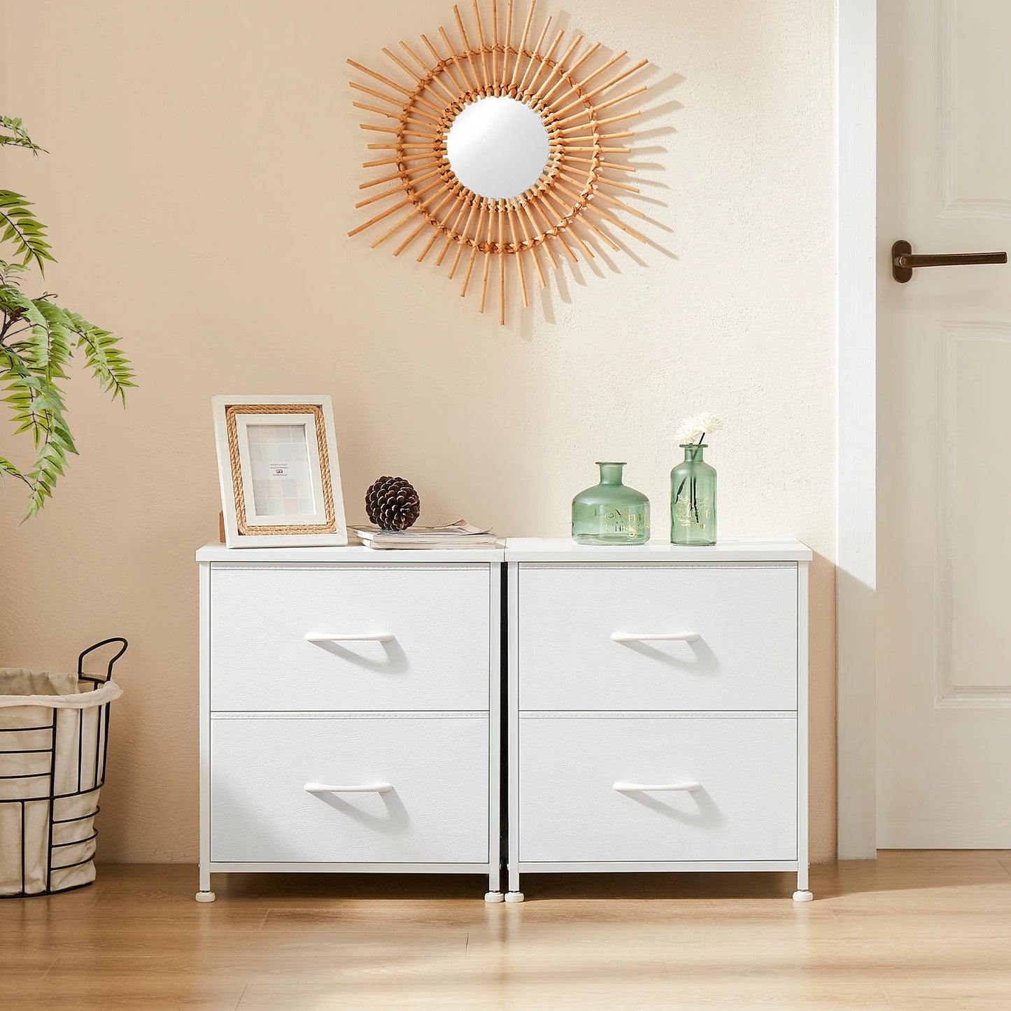 JHK Nightstand Bedside Table With Fabric Drawers And Cabinet