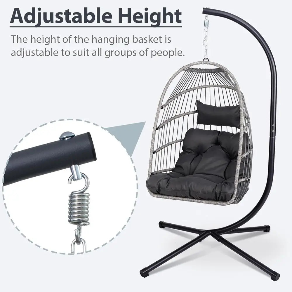 Outdoor Egg Hanging Chair with Stand, Patio Wicker Swing Egg Chair Indoor Outdoor Hammock Chair, 350 lbs acity, Black Gray