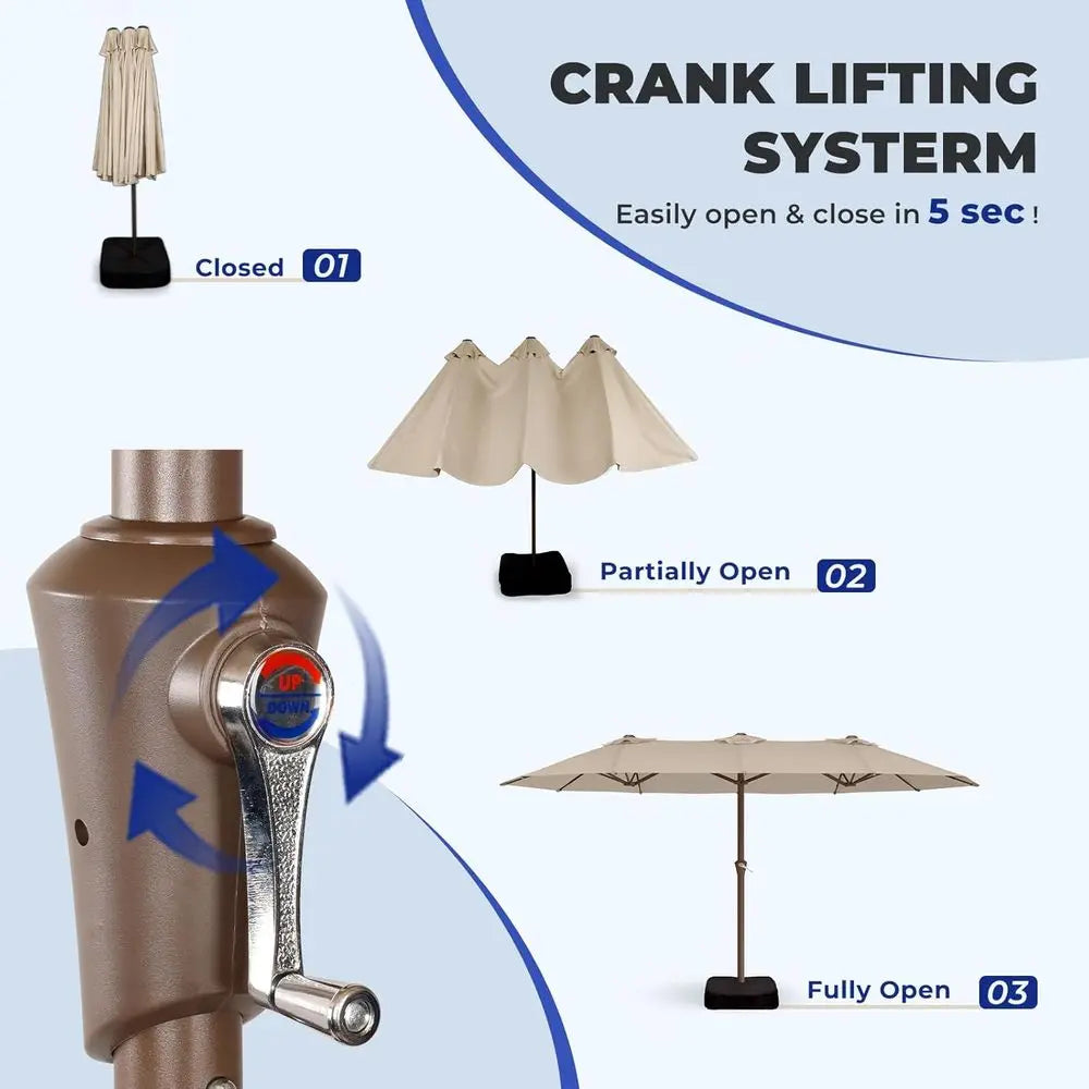 15-T-Large-Patio-Umbrella-with-Base | Double-Sided | Outdoor Table Umbrellas | w/Crank Handle | 12 Sturdy iberglass Rib | UV-Pro