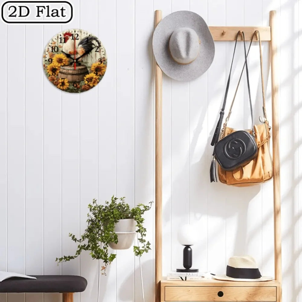 10 Inch Vintage Farmhouse Wall Clock with Sunflower & Rooster Design - Rustic Wooden Round Clock Suitable for Living Room, Kitch