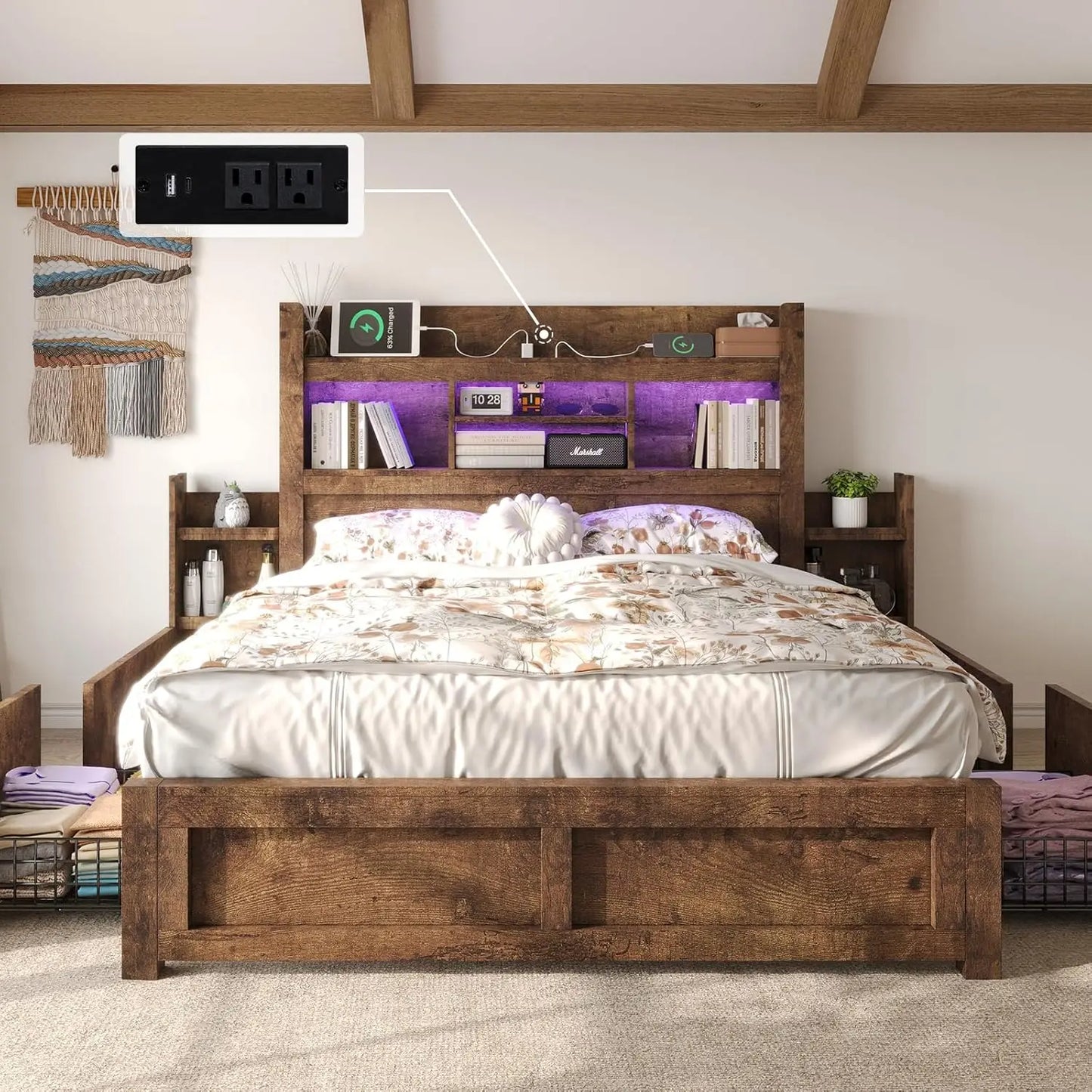 Queen Bed Frame with 49.6" Bookcase Headboard & 2 Detachable Bedside Stoage Racks & 4 Drawers, Farmhouse Wood Bed Frame, Custom