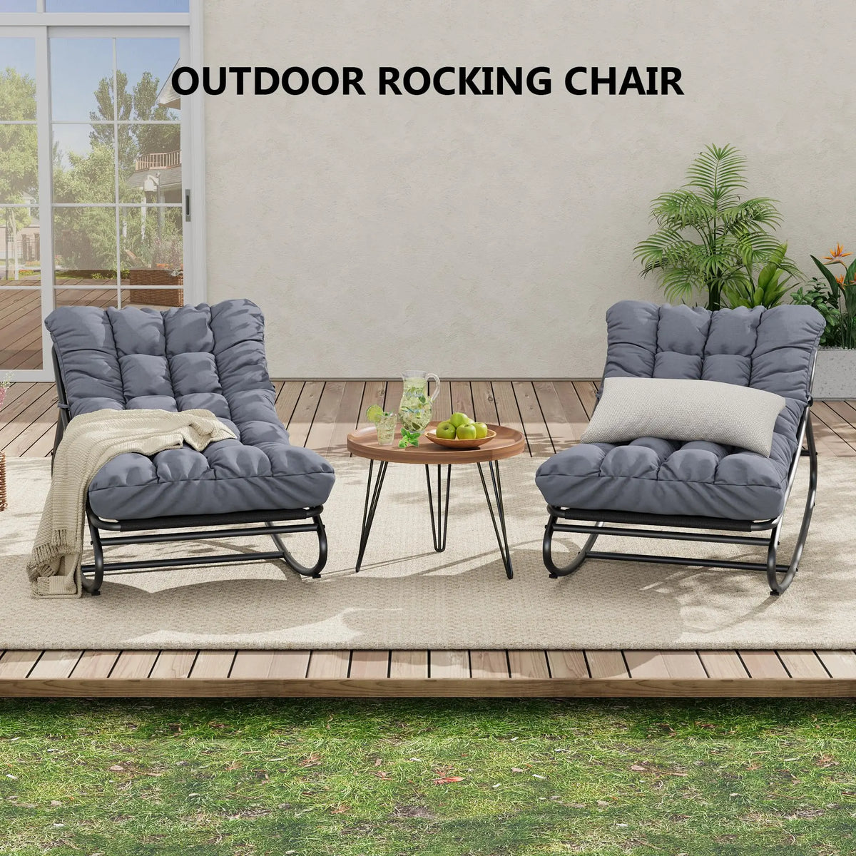 Oversized Patio Rocking Chair – Heavy Duty Metal Frame, Thick Waterproof Cushion, Ergonomic Comfy Lounge Rocker, 400 lbs Capacity, for Outdoor Porch, Garden, Balcony, Backyard