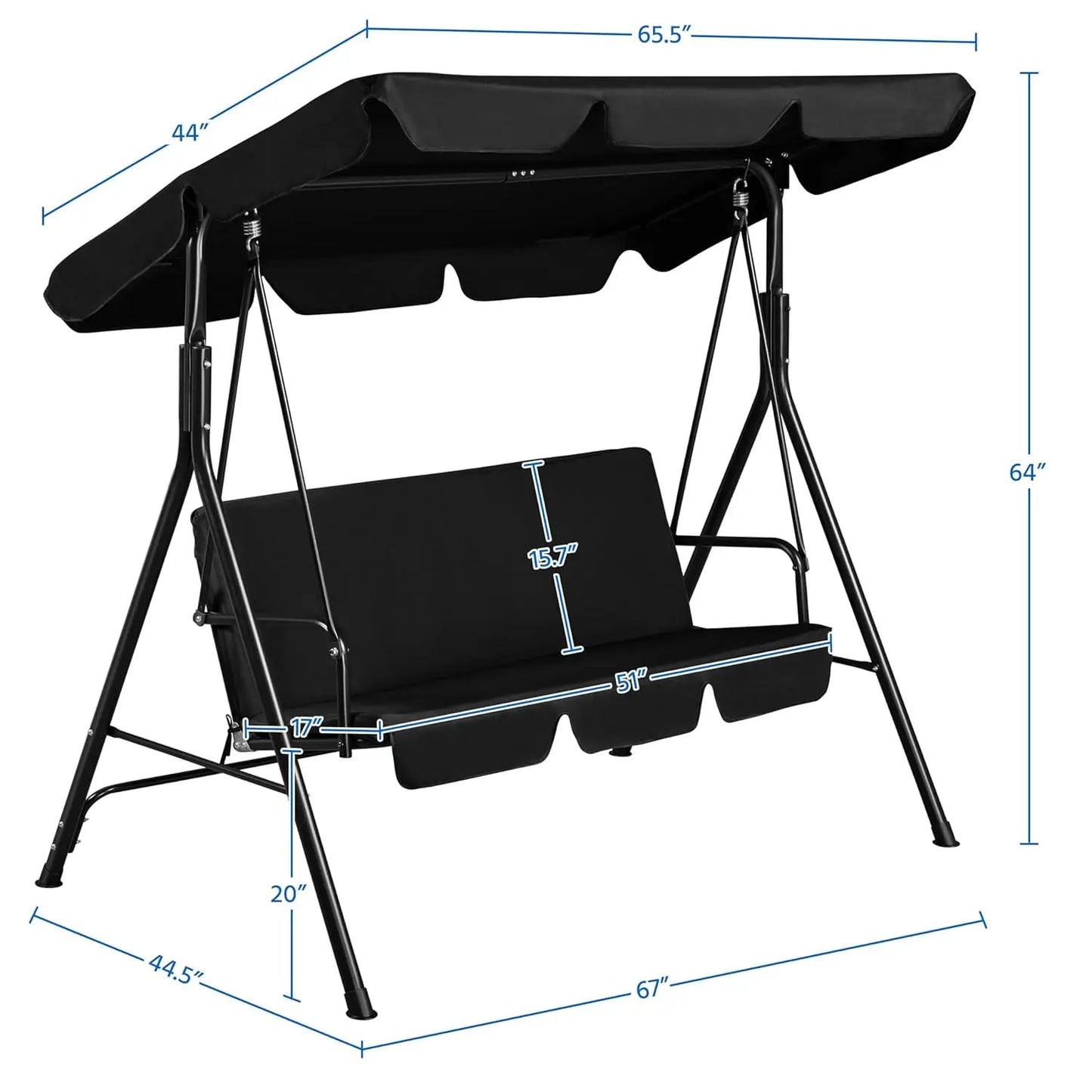 3-Seat Patio Swing Chair, Outdoor Canopy Porch with Adjustable Canopy & Removable Cushion, Hanging Glider Lounge Chair, Custom