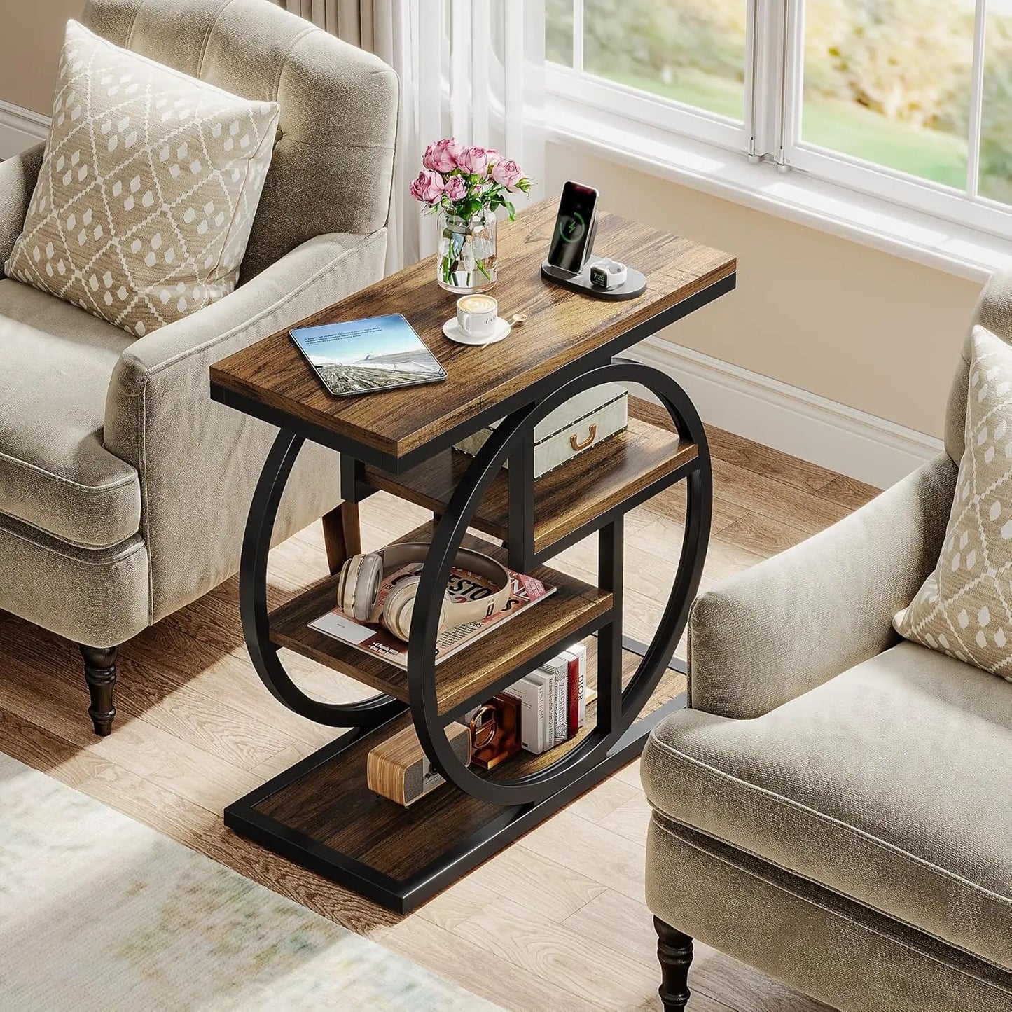 End Table Set of 2, 4-Tier Narrow Side Table with Storage Shelves, Wood Small Sofa Side Table with Geometric Metal, Customized