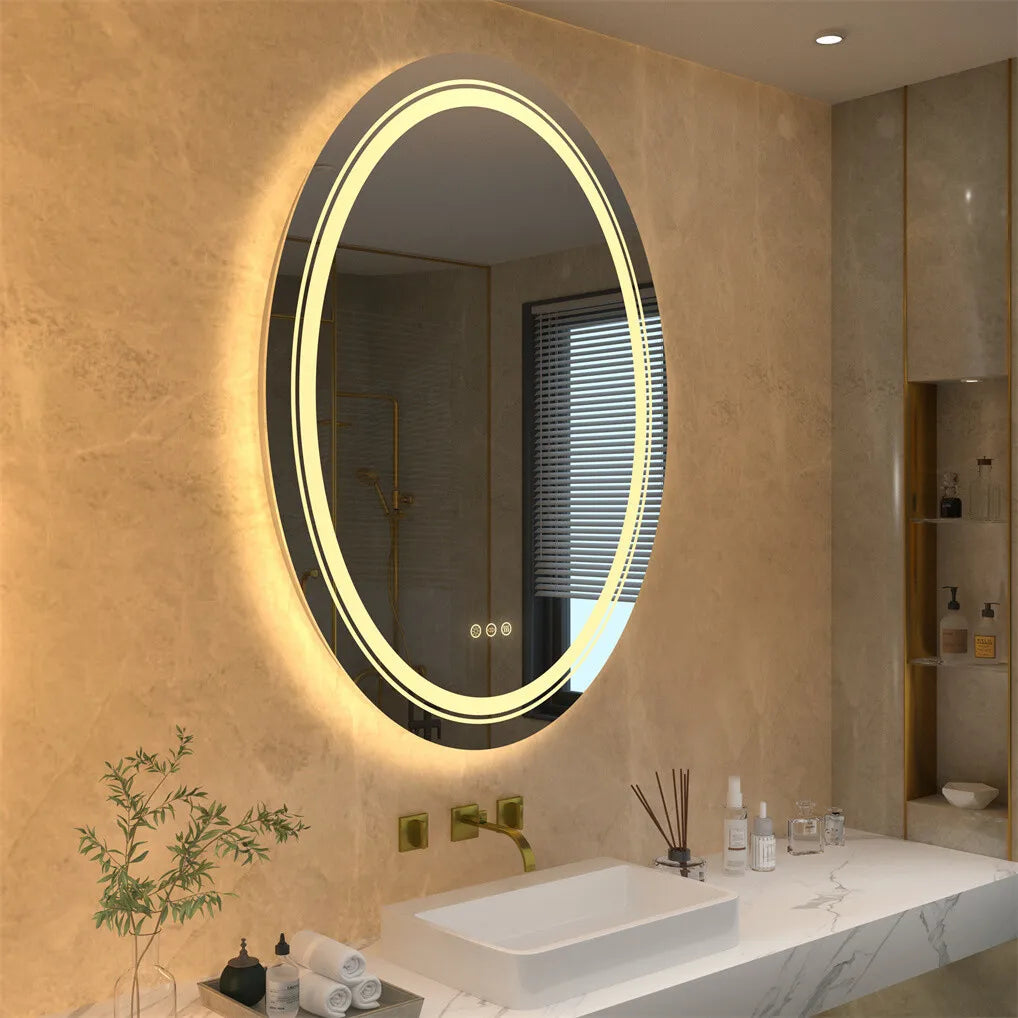 Oval Bathroom Mirror LED Makeup Mirror Anti-Fog Dimmable Light Memory Wall Vanity Shaving Mirror Backlit+Front Lighted