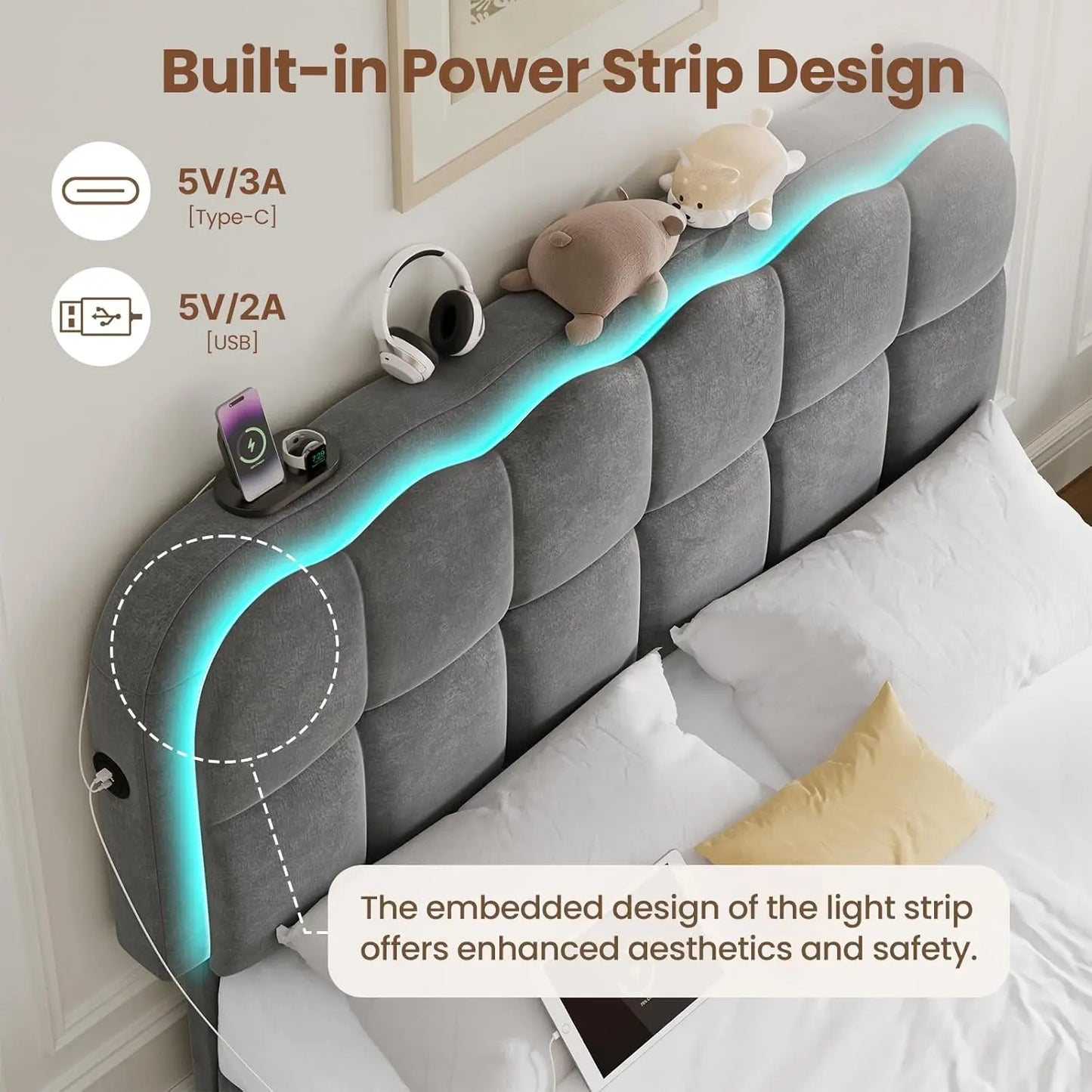 Full Upholstered Platform Bed LED Lights 4 Drawers Charging Station Adjustable Headboard Wood Slats No Box Spring , Custom