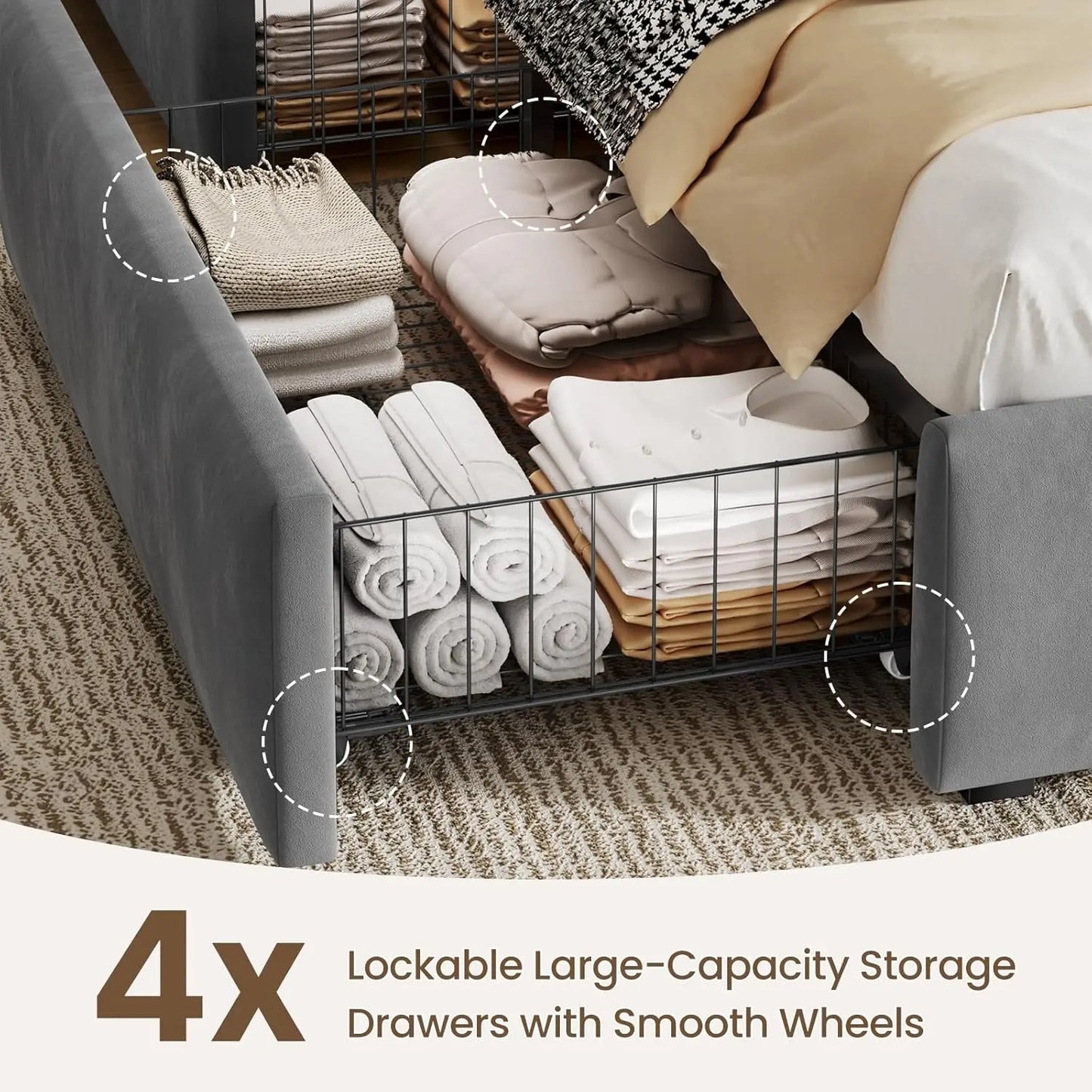 Full Upholstered Platform Bed LED Lights 4 Drawers Charging Station Adjustable Headboard Wood Slats No Box Spring , Custom