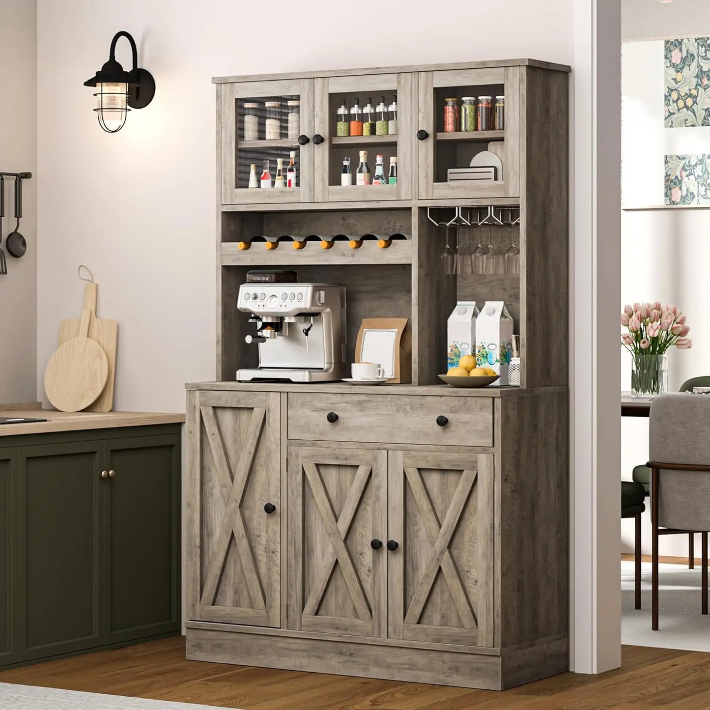 MOYU Kitchen Pantry Cabinet With Wine Rack And Power Outlet