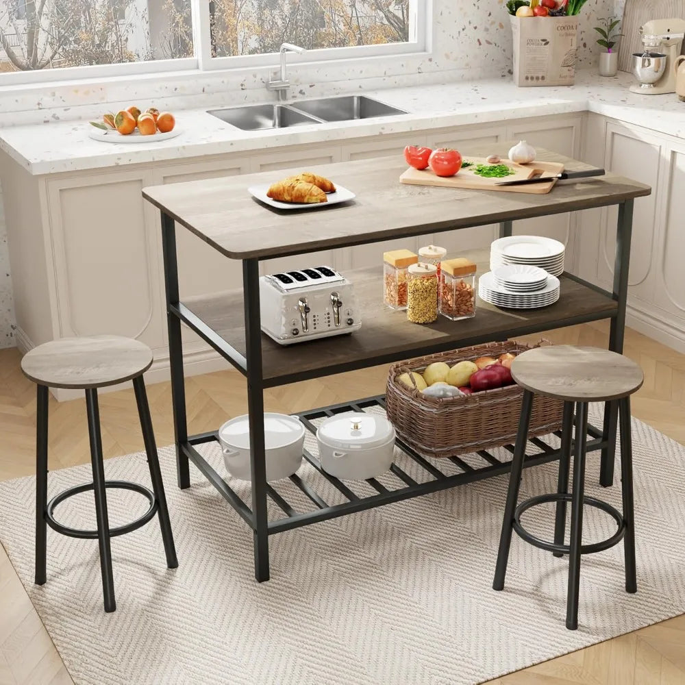 Island Table with Seating and Storage, Stationary Kitchen Storage Islands with 3 Shelves, Wooden Counter Height Table Top w