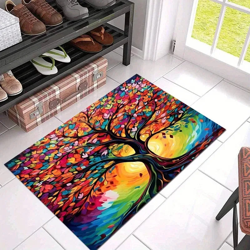 Colorful Abstract Tree Flannel Rug Soft Floor Mat Home Decor