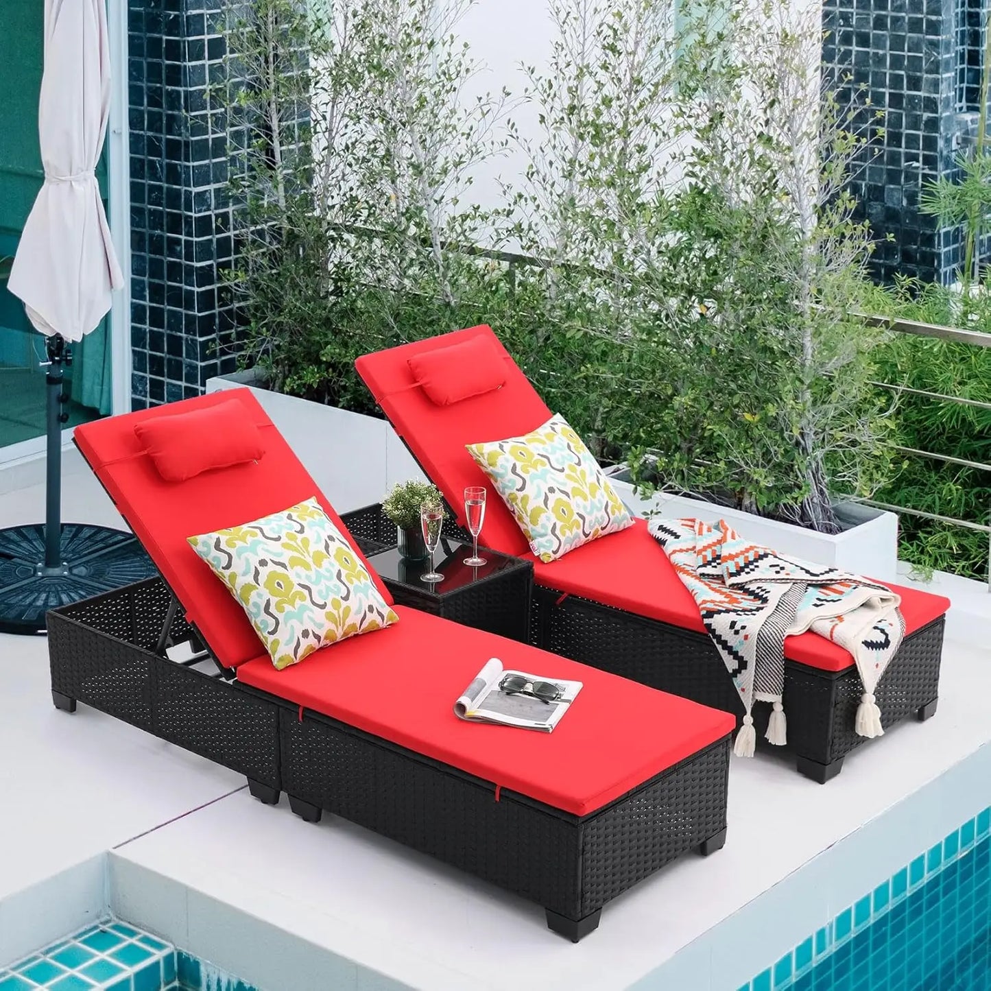 PE Wicker Adjustable Chaise Lounge Set of 3 with Table for Patio Pool Outdoor, Custom