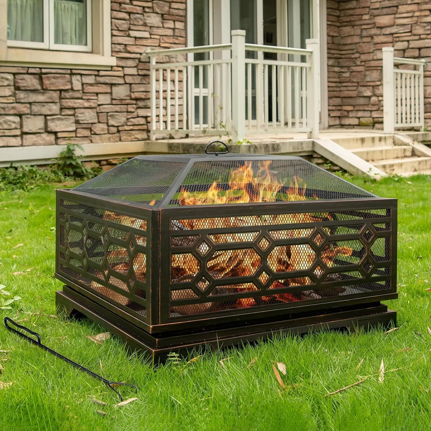 Wood Burning Outdoor Fire Pit Square Metal With Mesh Cover