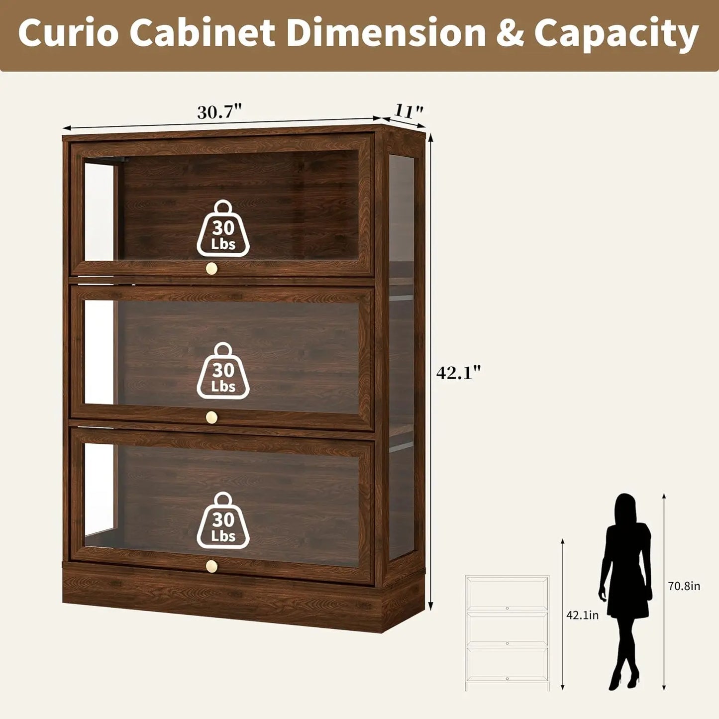 ZHILU Display Cabinet 3 Tier Curio With LED Lighting