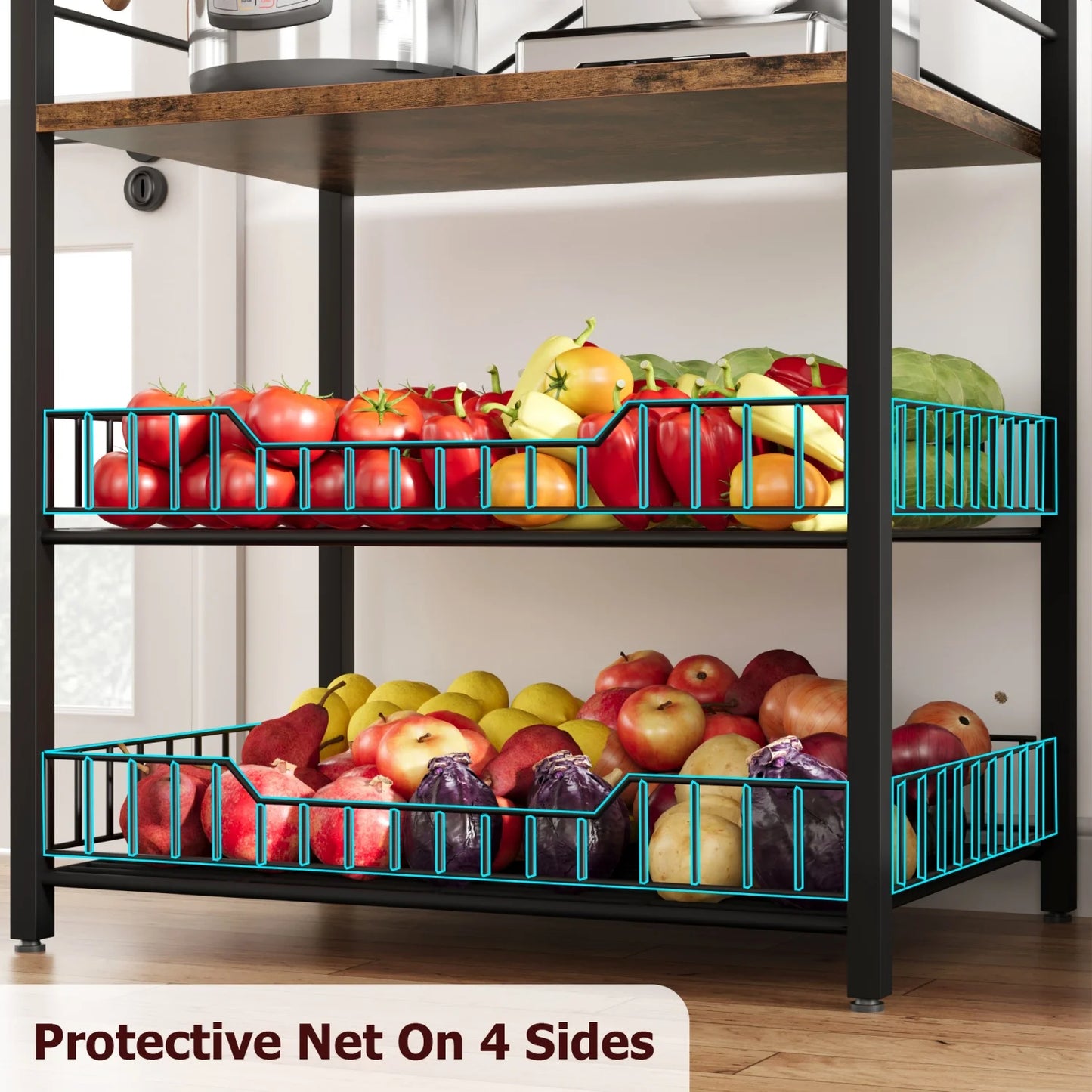 Kitchen Bakers Rack Microwave Oven Stand with 2 Large Wire Basket Industrial Coffee Bar Station