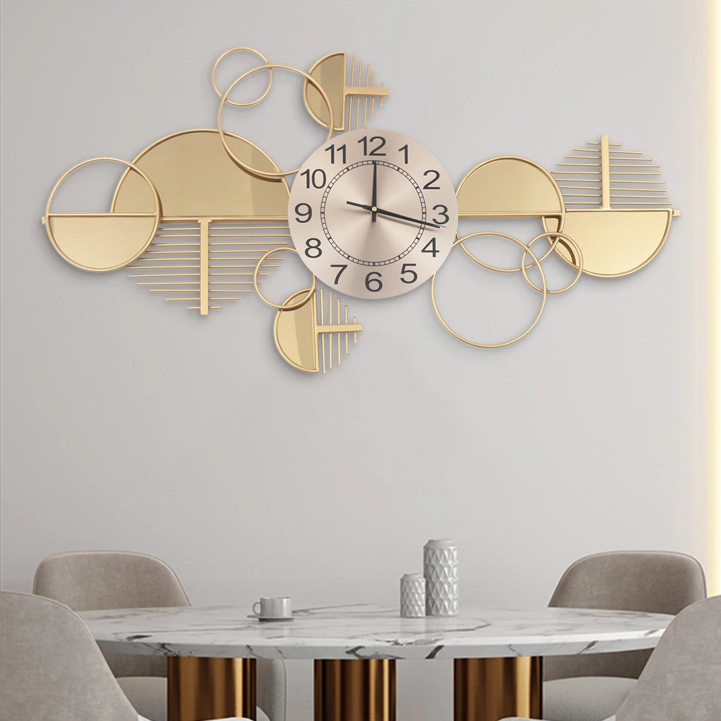 Geometric Wall Clock, 86x43cm Gold Iron Forged Timepiece, Silent Quartz Movement Clear Arabic Numerals Multi-position Hanging Slots Indoor Wall Decor For Living Room Office Cafe