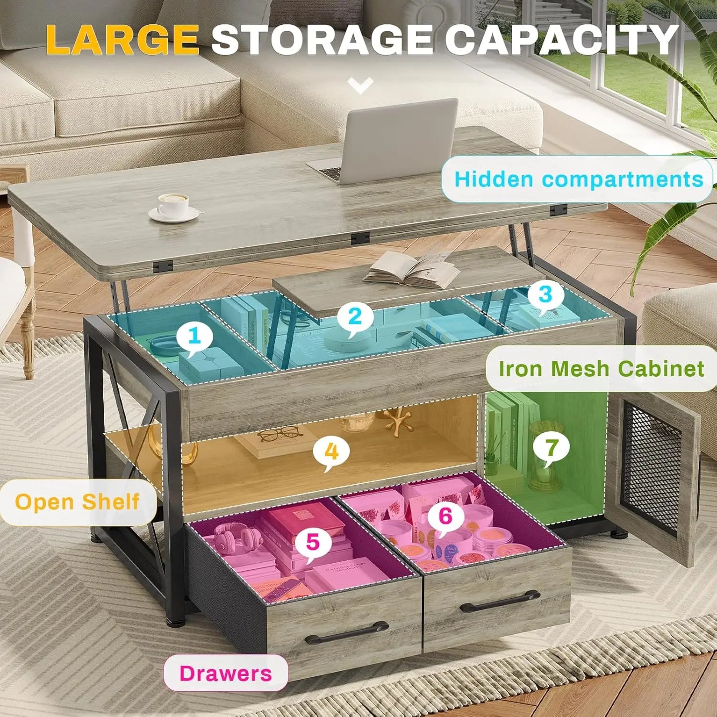 Lift Top Coffee Table Storage Cabinet 4 in 1 with 2 Fabric Drawers LED Light Living Room Dining Room 40Custom