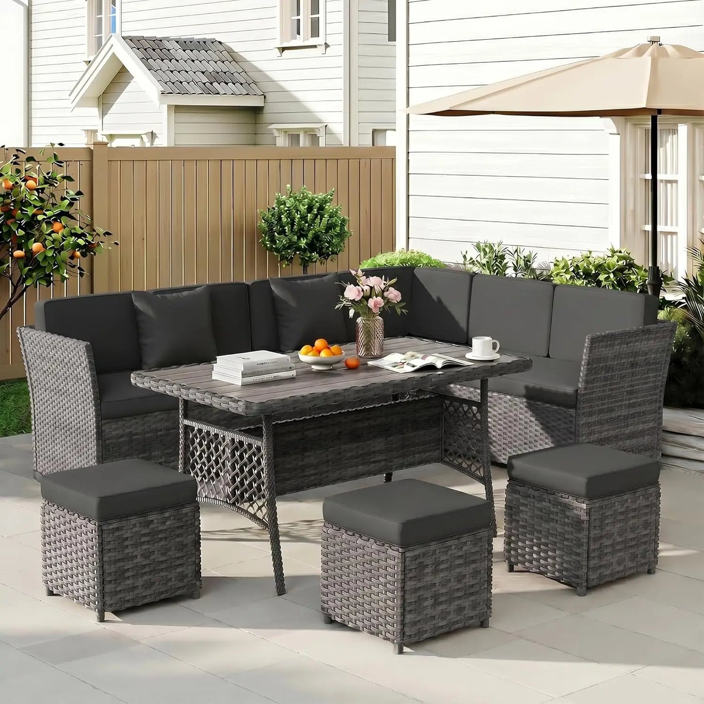 7 Pieces Patio Furniture Set, Outdoor Patio Furniture, Wicker Conversation Set with Dining Table, Chairs and Ottoman, Custom