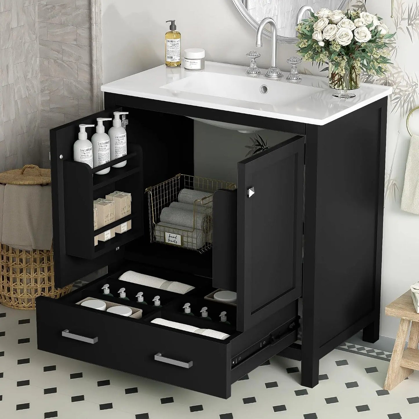 30" Bathroom Vanity with Ceramic Sink, Modern Freestanding Storage Cabinet with Sink Suite Set, Soft Closing Door,, Custom